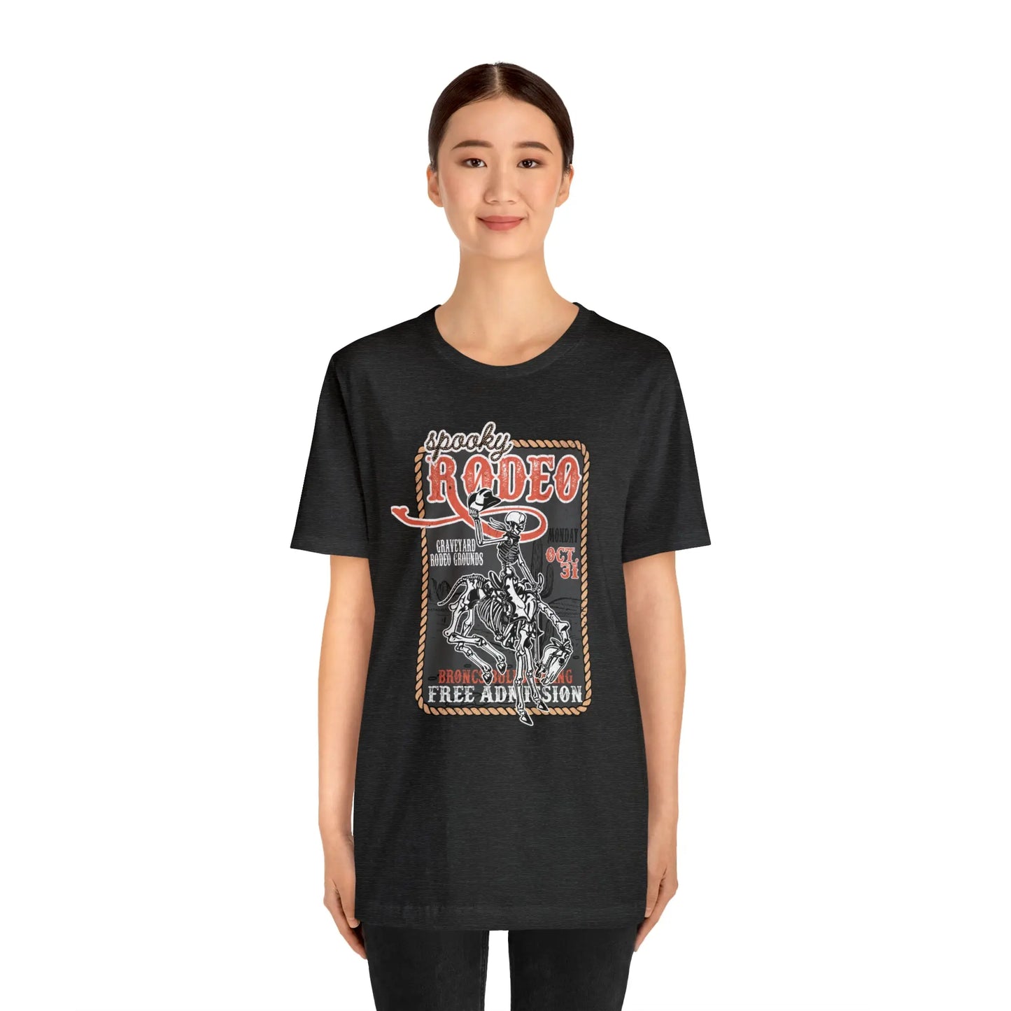 Vintage Halloween Rodeo Poster T shirt Western Spooky Skeleton Short Sleeve Tee Printify