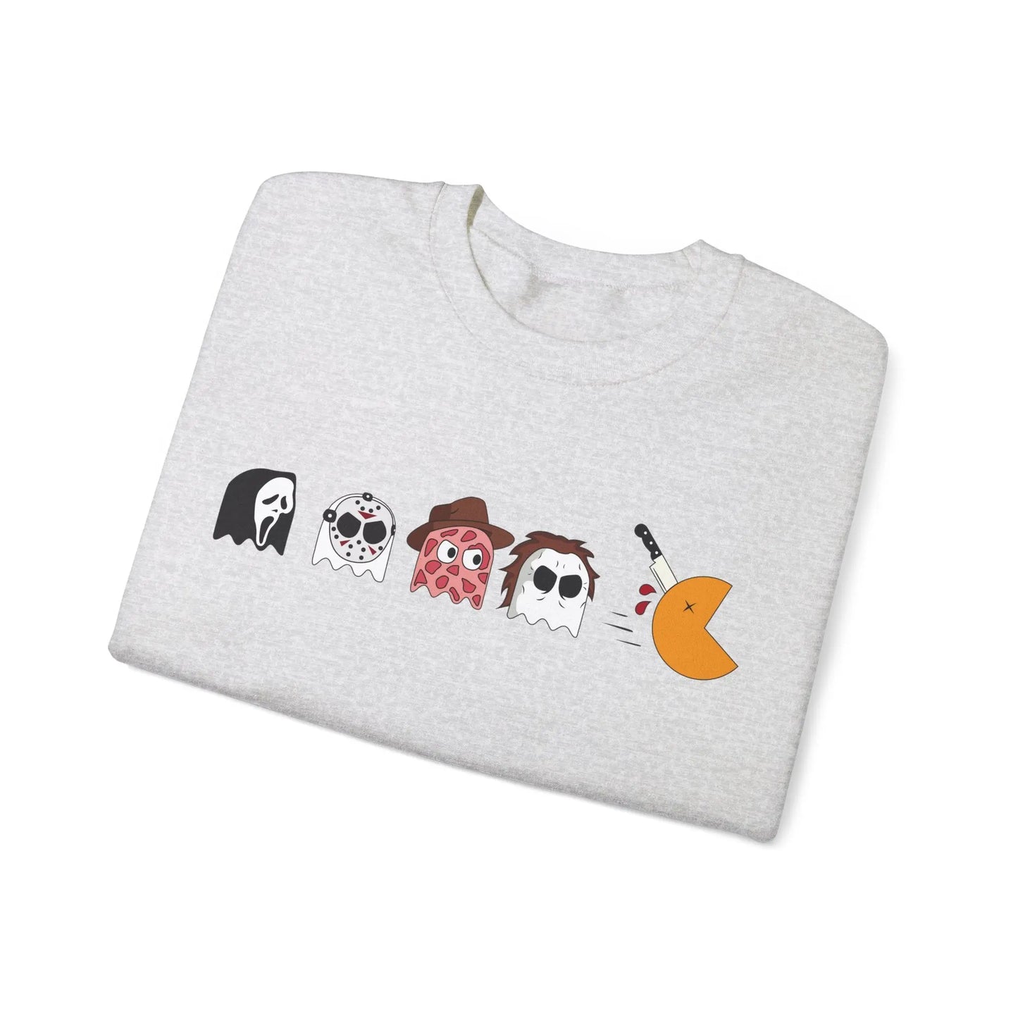 Retro Pac-Man Meets Halloween Horror Sweatshirt Halloween Horror movie characters Ghost Face, Jason Vorhees, Freddy Krueger, Michael Myers Scream, Friday the 13th, Nightmare on Elm Street, Halloween 2024 Printify