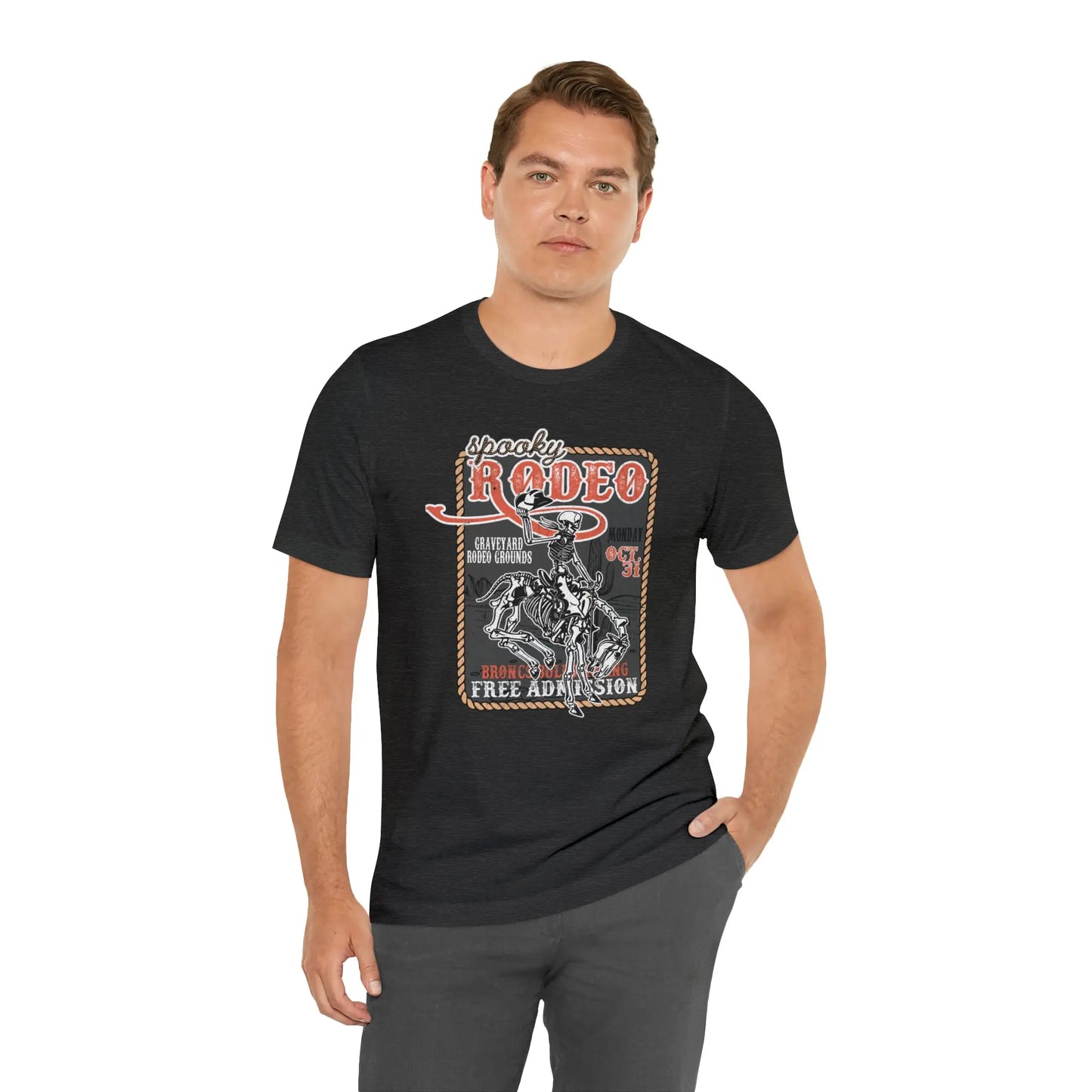 Vintage Halloween Rodeo Poster T shirt Western Spooky Skeleton Short Sleeve Tee Printify