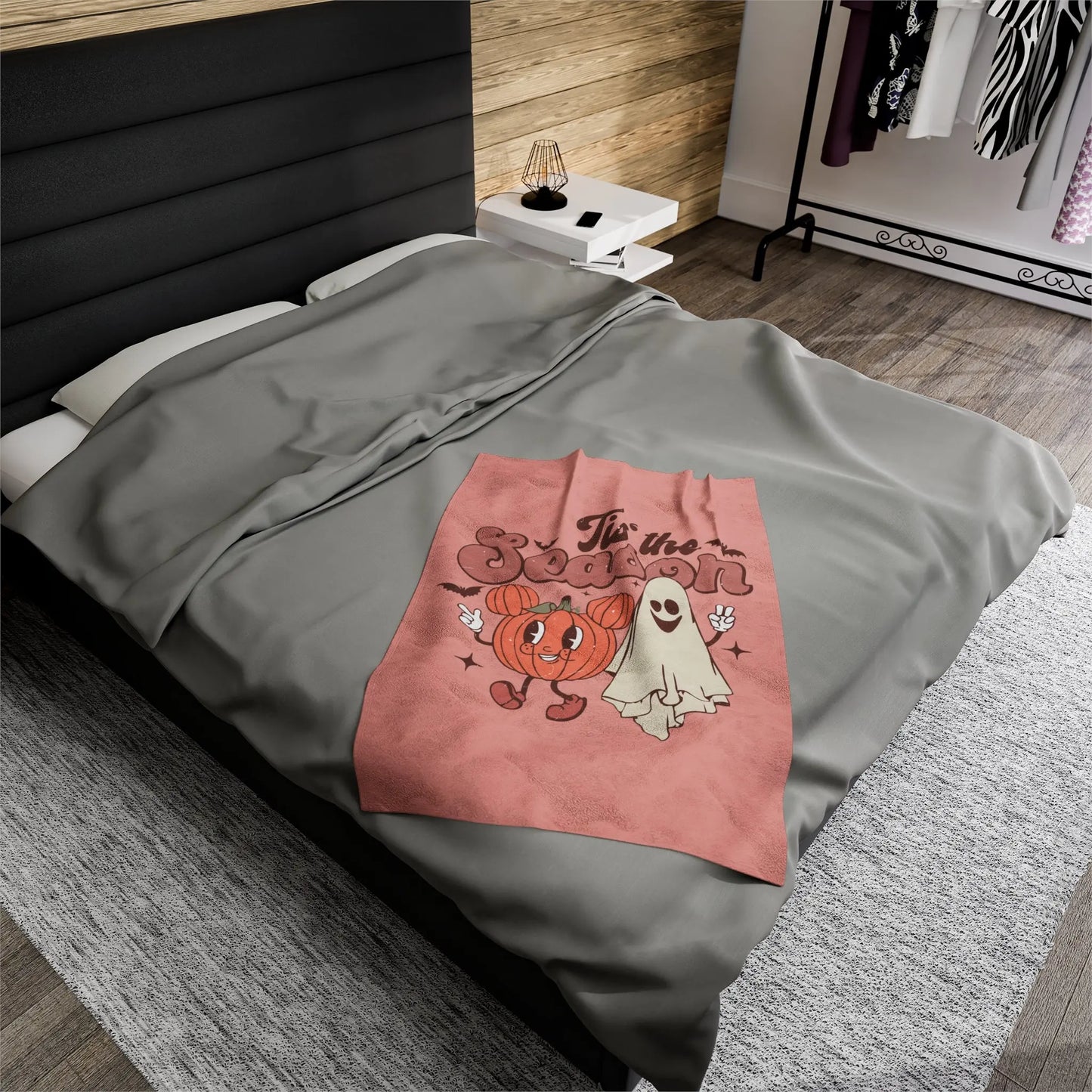 Cute Retro 'Tis the Season' Halloween Pumpkin Ghost Throw Blanket Printify
