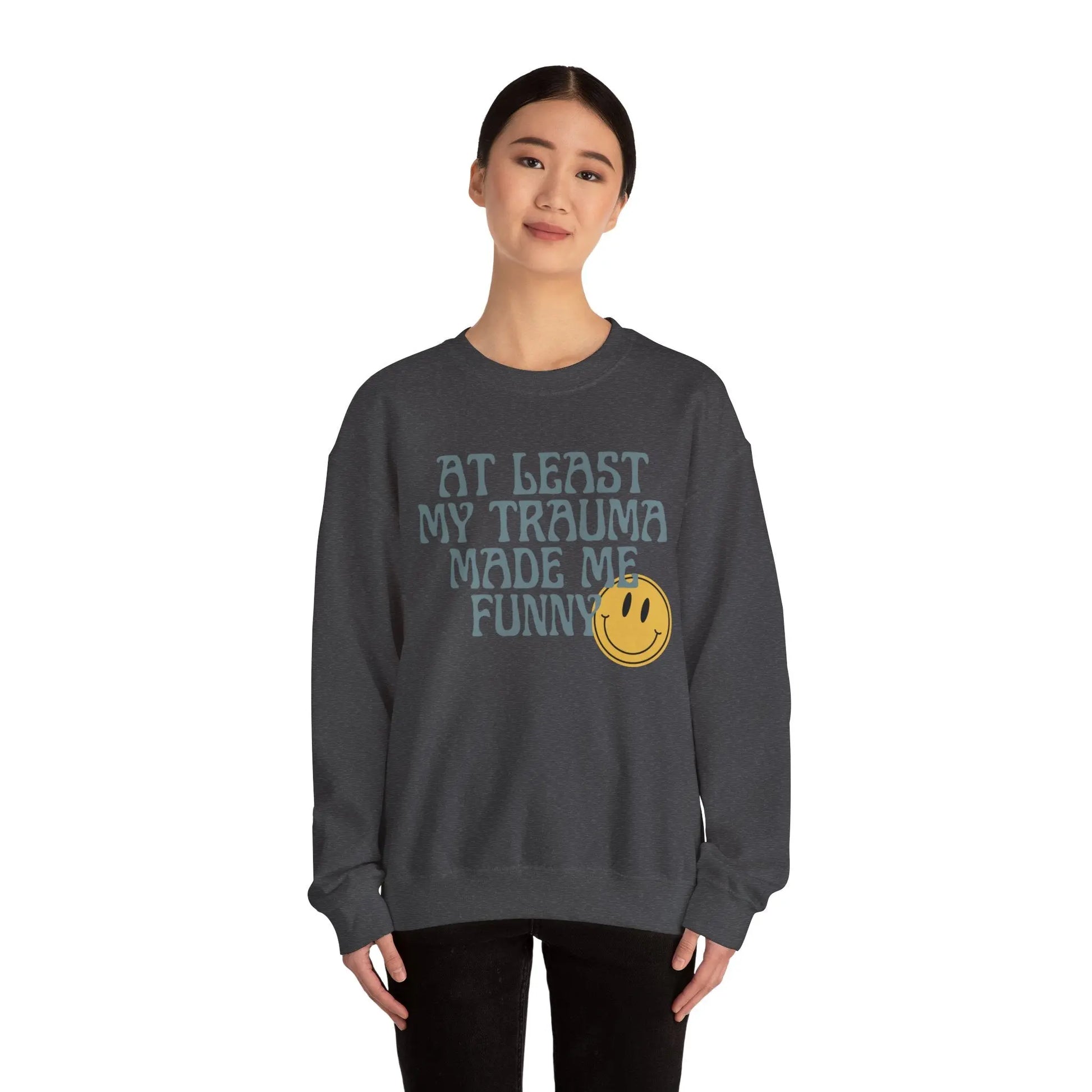 Retro Boho Sarcastic Sweatshirt 'At Least My Trauma Made Me Funny Printify