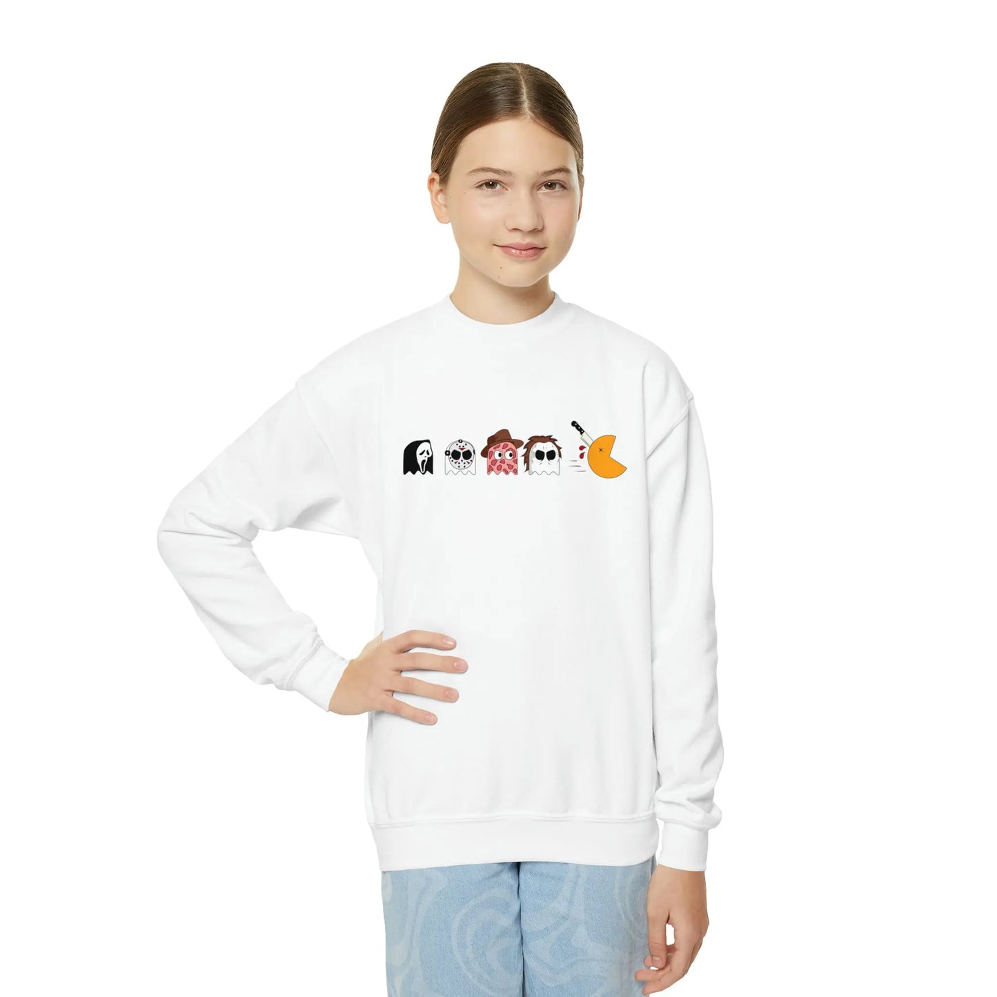 Pac-Man Meets Halloween Horror - Spooky Kids Halloween Sweatshirt with Scream, Jason, Freddy, and Michael Printify