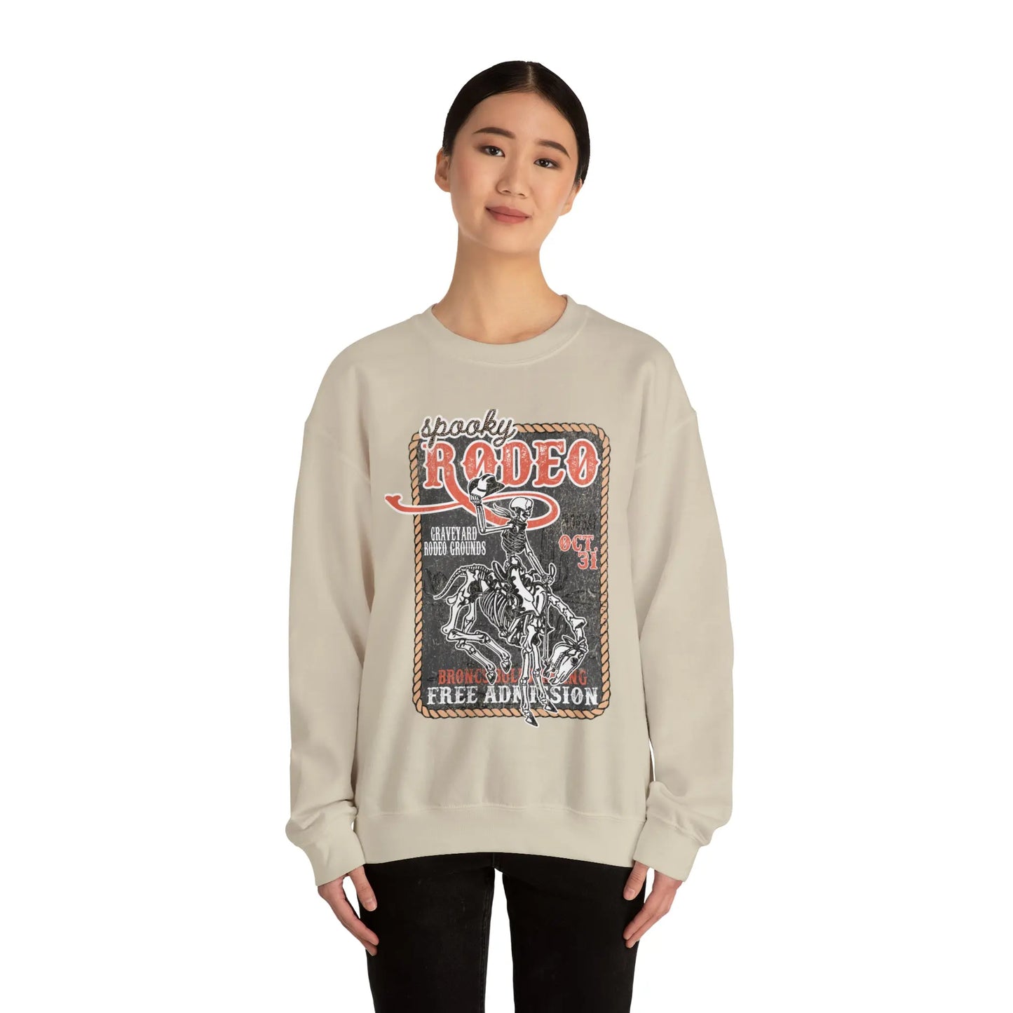 Vintage Halloween Rodeo Skeleton Cowboy Poster Sweatshirt - Western Spooky Skeleton Printify
