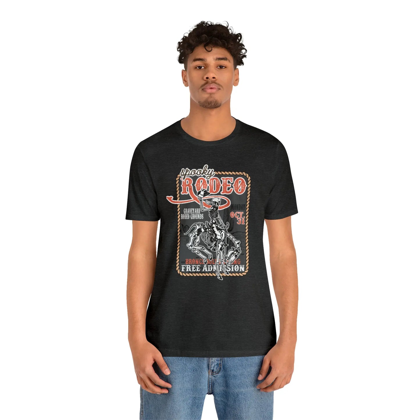 Vintage Halloween Rodeo Poster T shirt Western Spooky Skeleton Short Sleeve Tee Printify