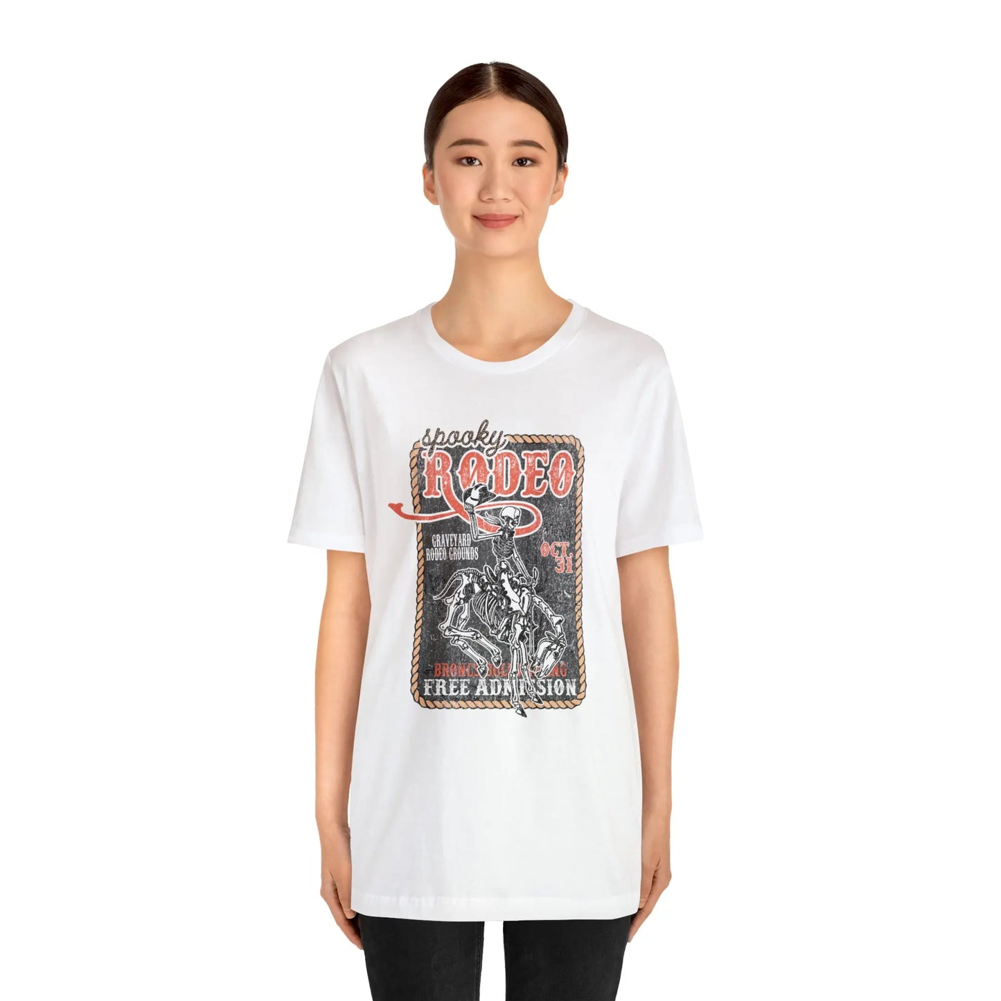 Vintage Halloween Rodeo Poster T shirt Western Spooky Skeleton Short Sleeve Tee Printify