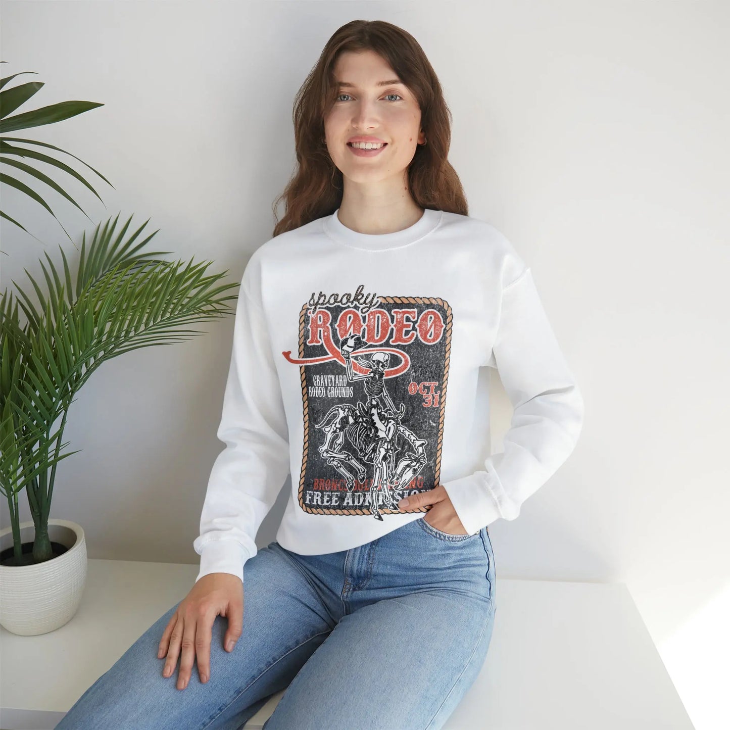 Vintage Halloween Rodeo Skeleton Cowboy Poster Sweatshirt - Western Spooky Skeleton Printify