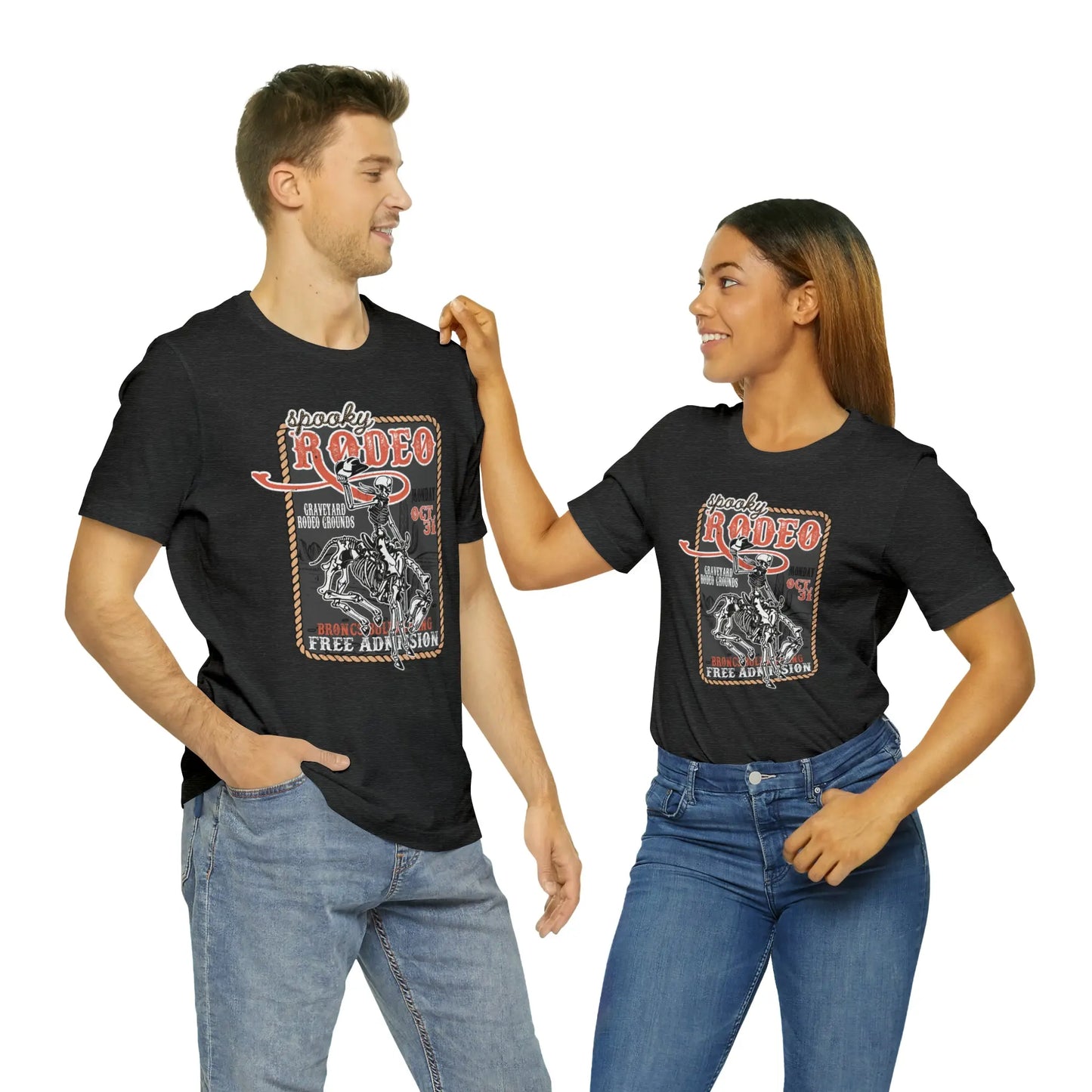 Vintage Halloween Rodeo Poster T shirt Western Spooky Skeleton Short Sleeve Tee Printify
