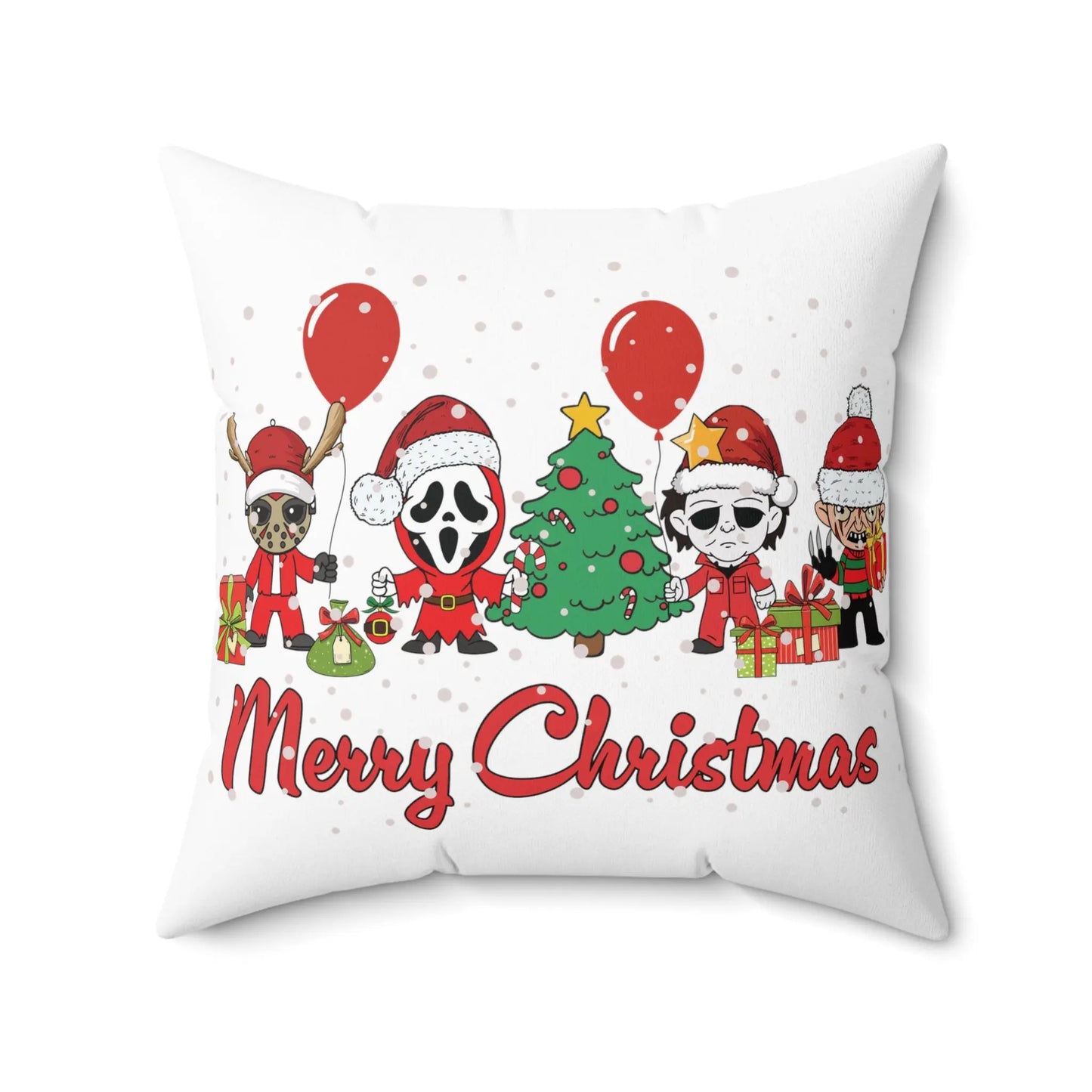 Ghost Face, Michael Myers, Jason Voorhees, and Freddy Krueger Christmas Throw Pillow Printify