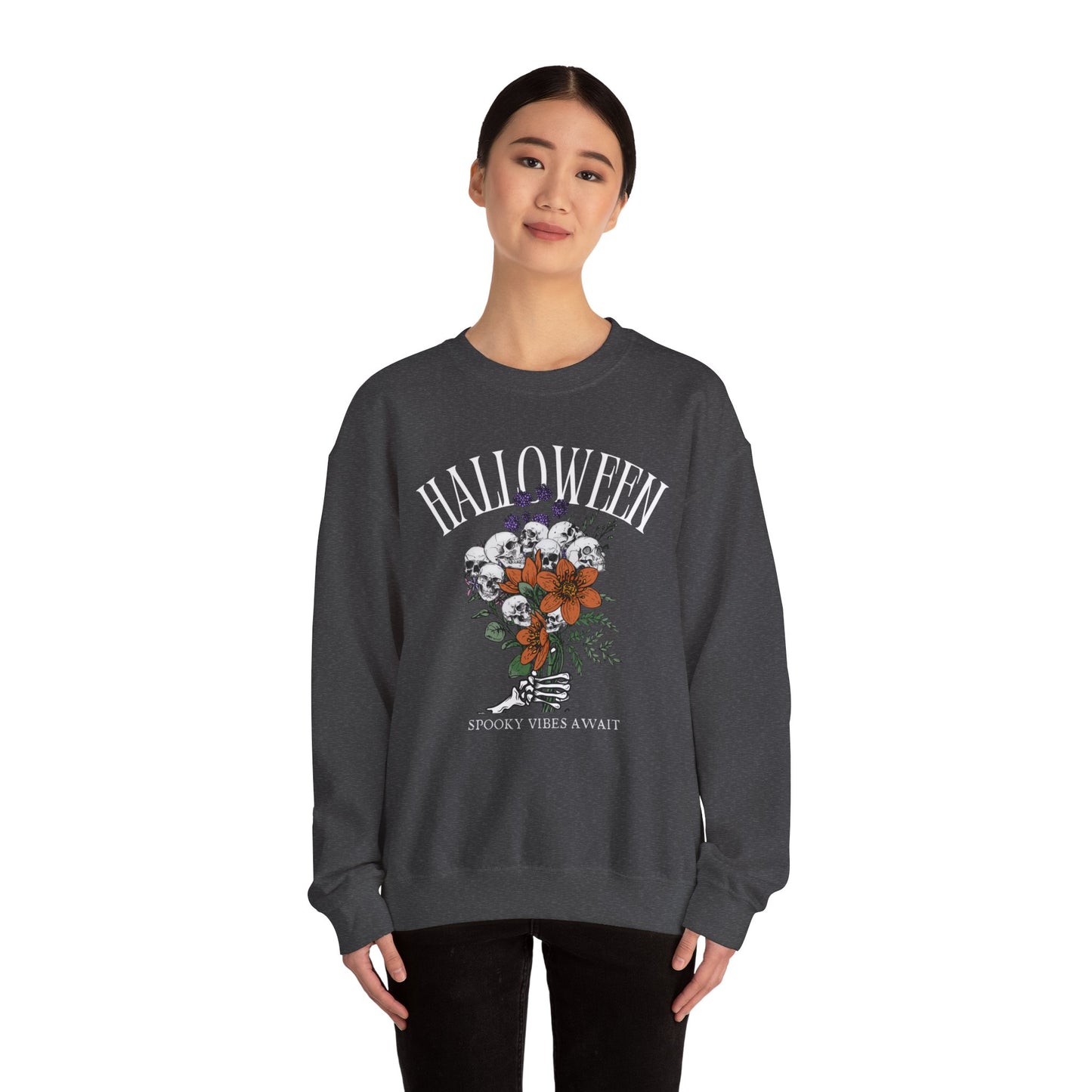 Halloween 2024 Spooky Season Boho Spooky Vibes Await Skeleton Skulls and Flowers Crewneck Sweatshirt Fall Autumn