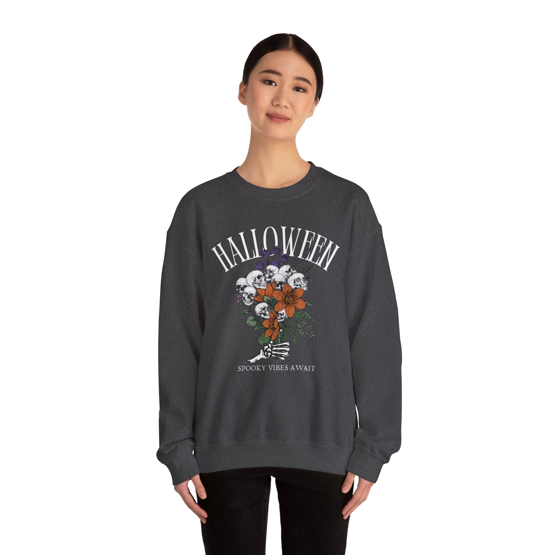 Halloween 2024 Spooky Season Boho Spooky Vibes Await Skeleton Skulls and Flowers Crewneck Sweatshirt Fall Autumn