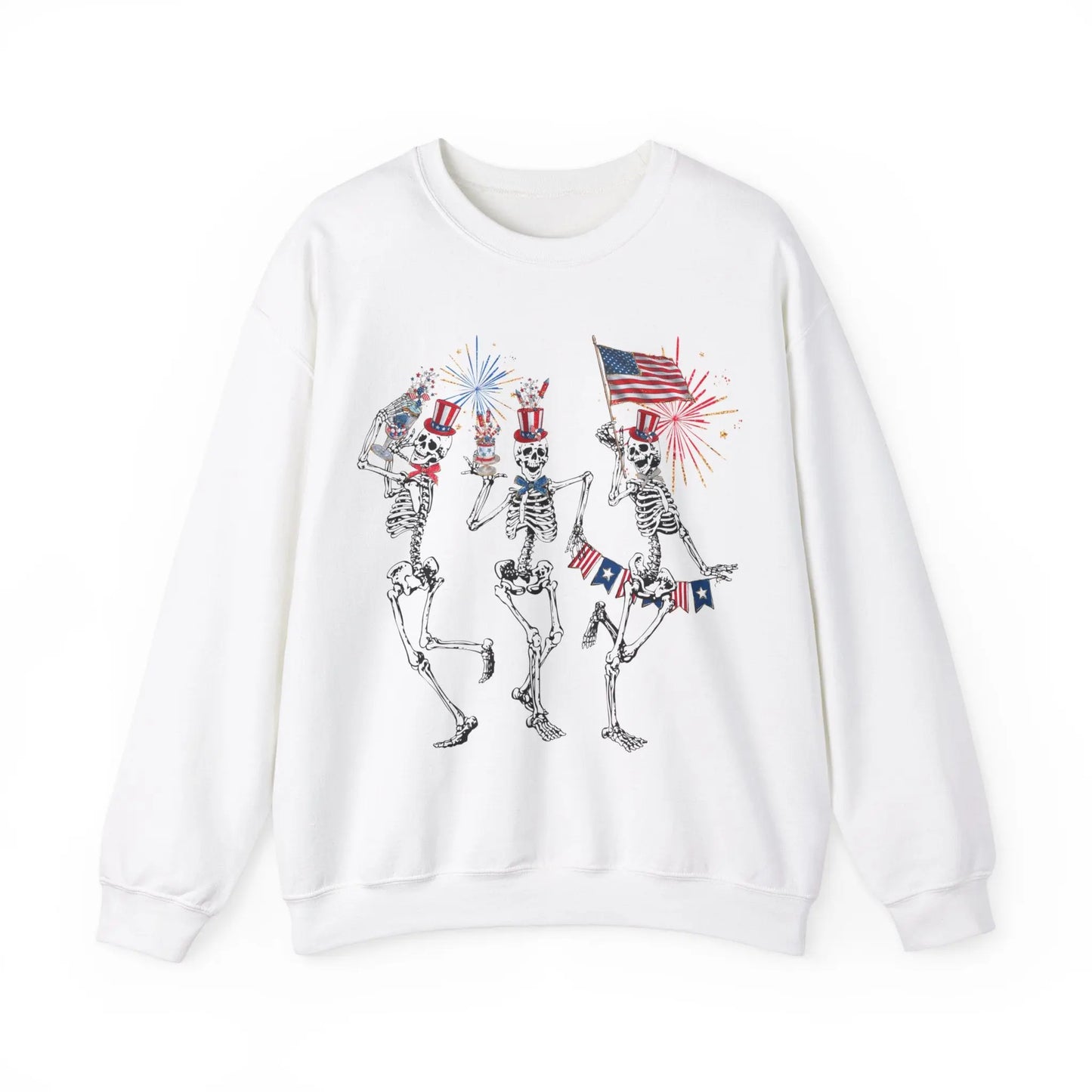 Patriotic Fourth of July Funny Skeletons Tank 4th of July Independence Day Sweatshirt Fireworks Dancing Skeletons America USA Crewneck Sweatshirt Printify