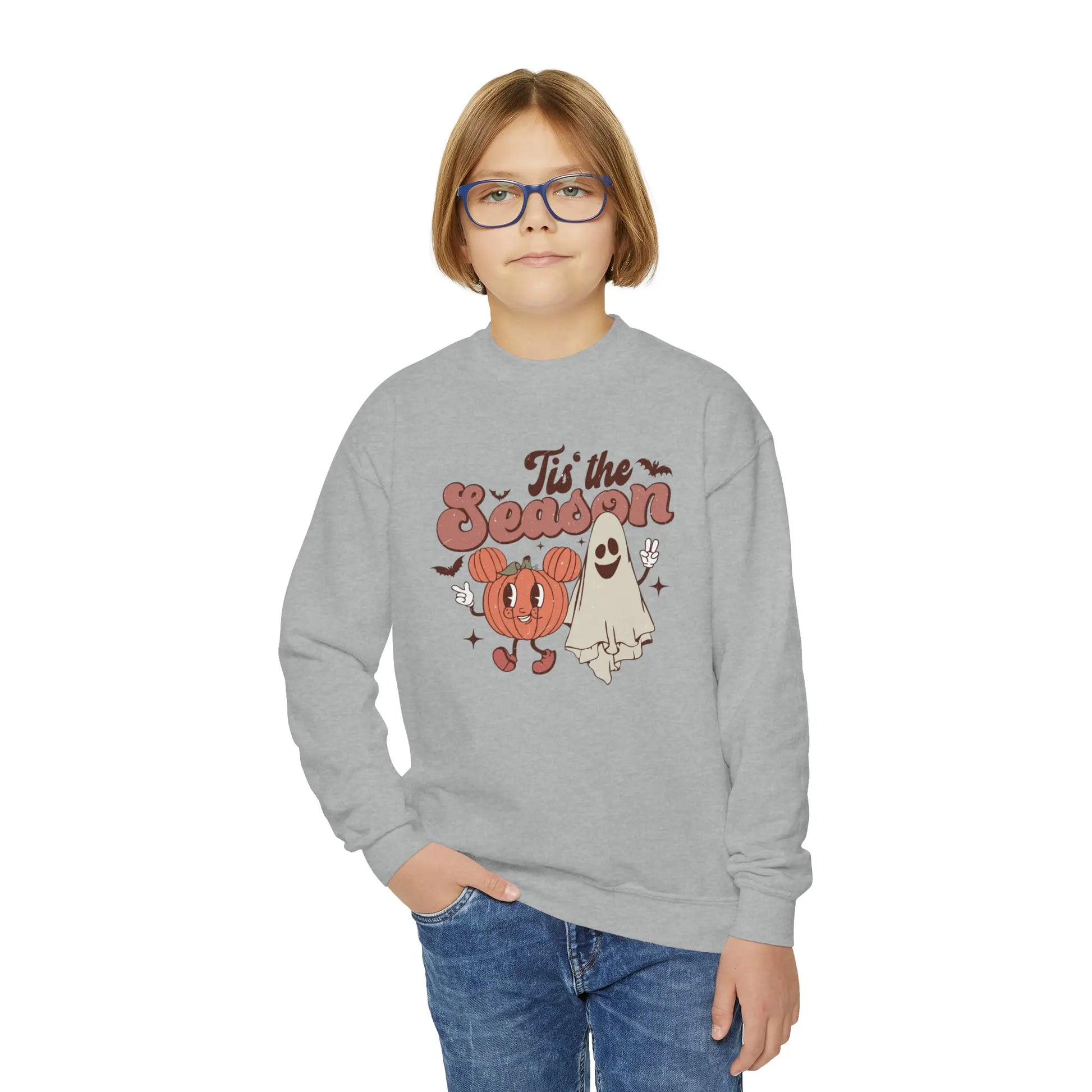 Retro 'Tis the Season' Kids Sweatshirt - Cute Halloween 2023 Pumpkin and Ghost Printify