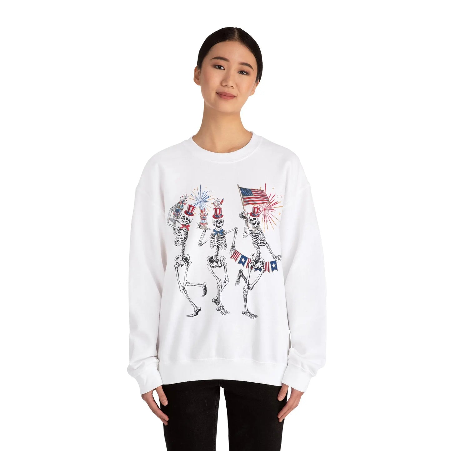 Patriotic Fourth of July Funny Skeletons Tank 4th of July Independence Day Sweatshirt Fireworks Dancing Skeletons America USA Crewneck Sweatshirt Printify