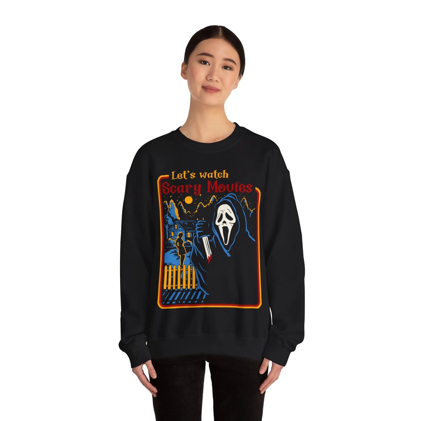 Retro Scream let’s watch scary movies Halloween 2024 Ghost Face Crewneck Sweatshirt Printify