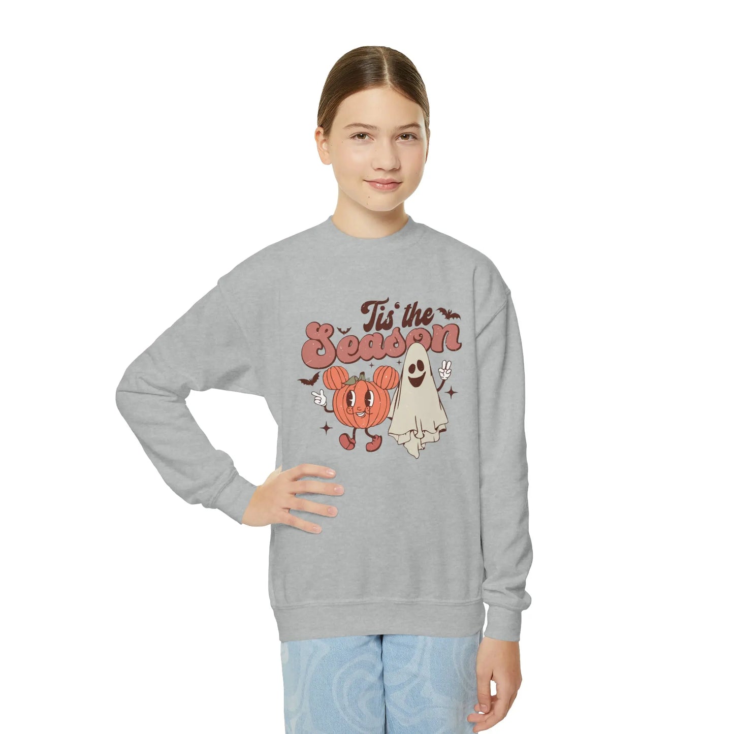Retro 'Tis the Season' Kids Sweatshirt - Cute Halloween 2023 Pumpkin and Ghost Printify