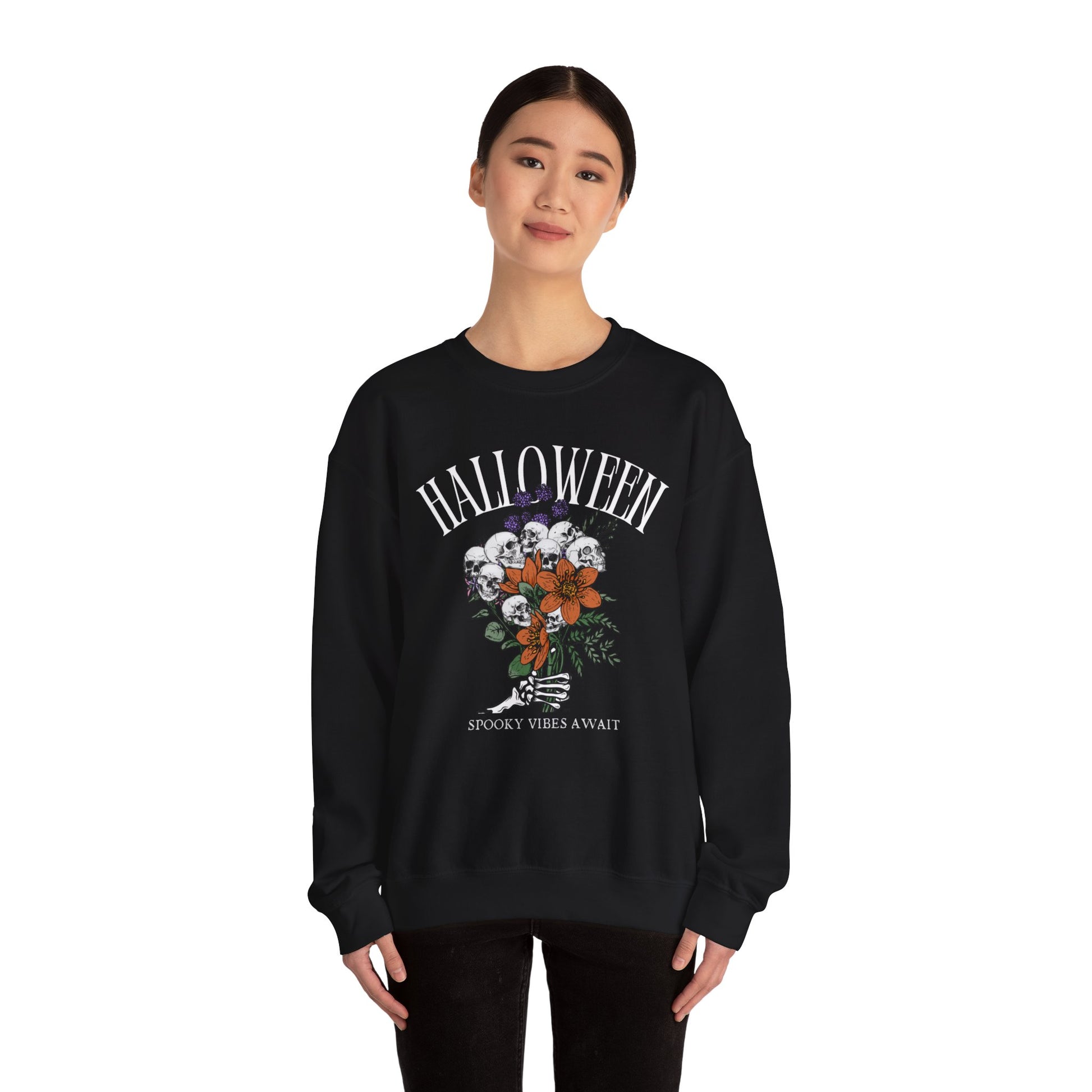 Halloween 2024 Spooky Season Boho Spooky Vibes Await Skeleton Skulls and Flowers Crewneck Sweatshirt Fall Autumn