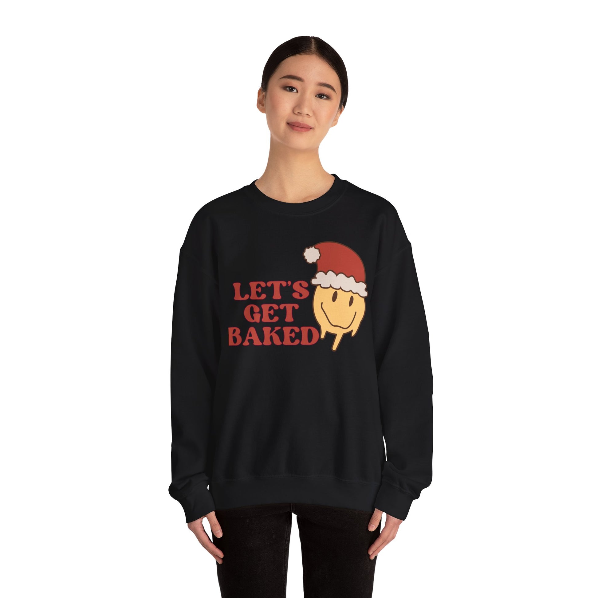 Funny Christmas Sweatshirt 2024 Let’s Get Baked Retro Santa Smiley