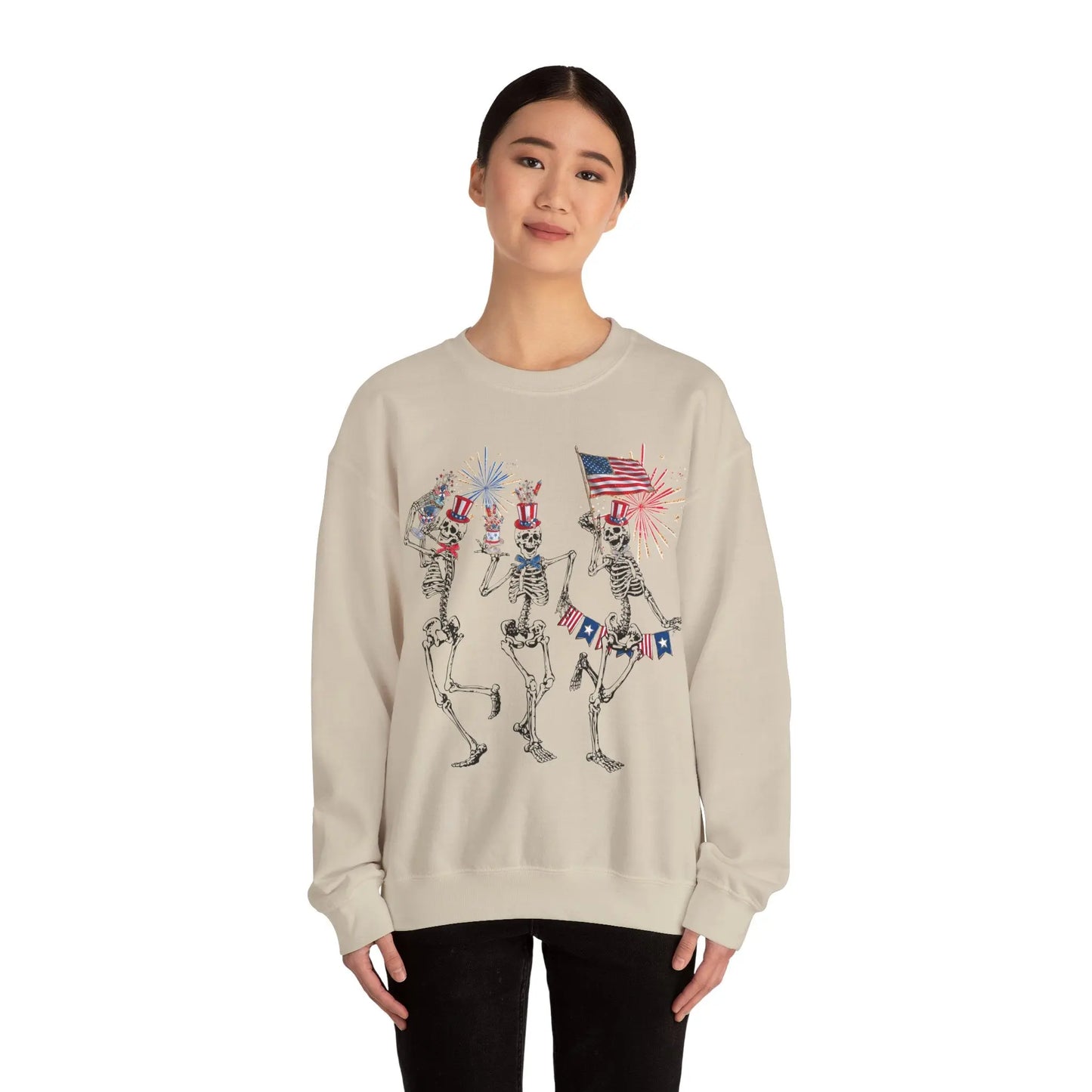 Patriotic Fourth of July Funny Skeletons Tank 4th of July Independence Day Sweatshirt Fireworks Dancing Skeletons America USA Crewneck Sweatshirt Printify