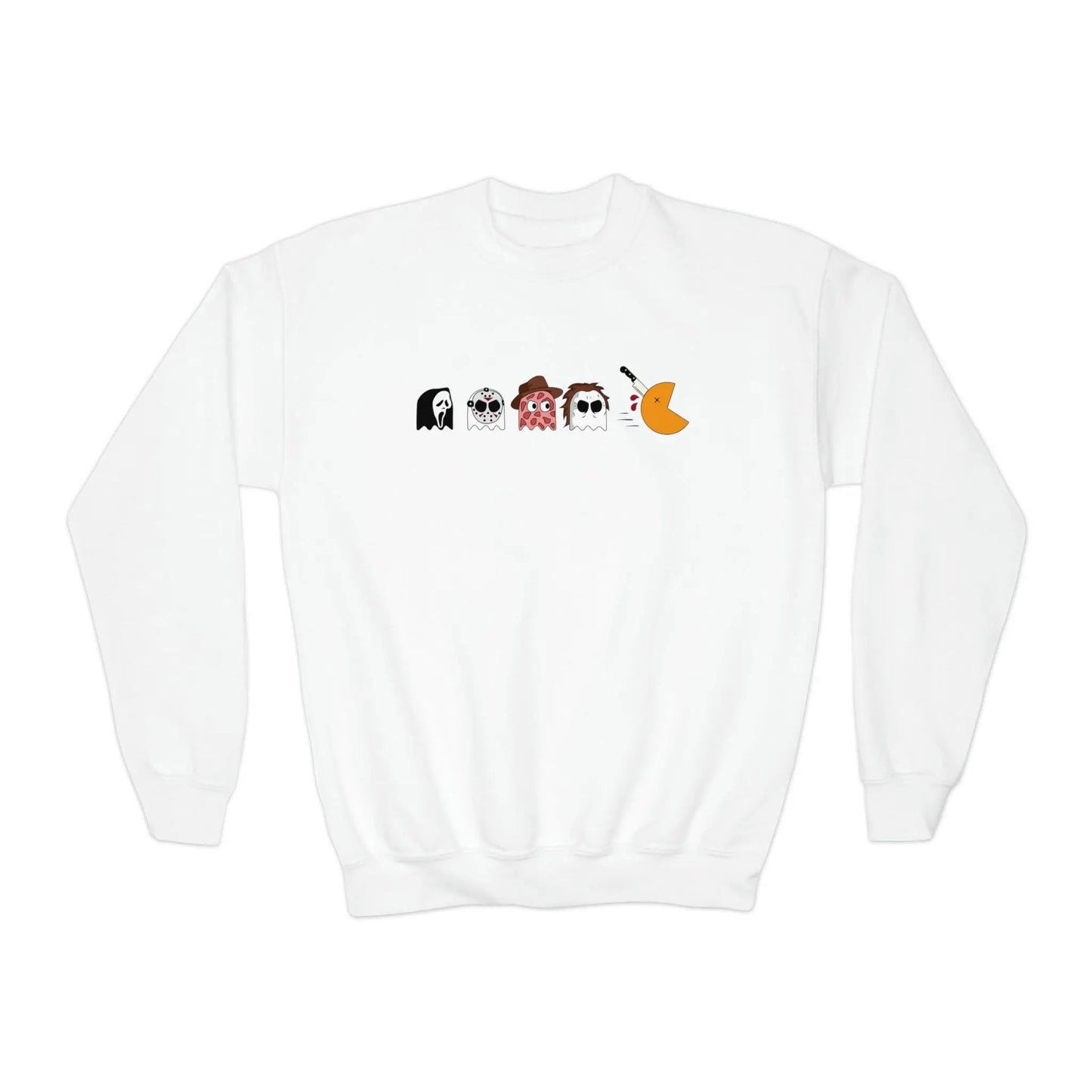 Pac-Man Meets Halloween Horror - Spooky Kids Halloween Sweatshirt with Scream, Jason, Freddy, and Michael Printify