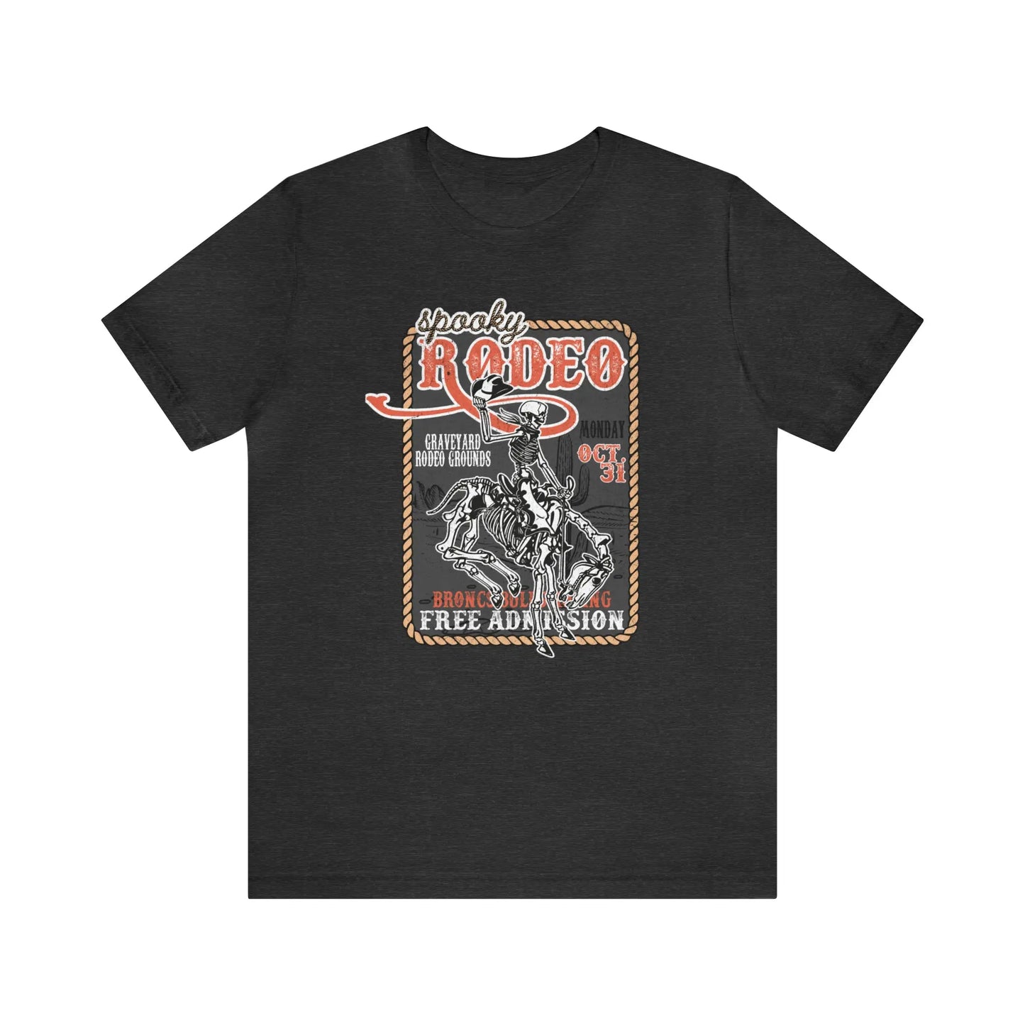 Vintage Halloween Rodeo Poster T shirt Western Spooky Skeleton Short Sleeve Tee Printify