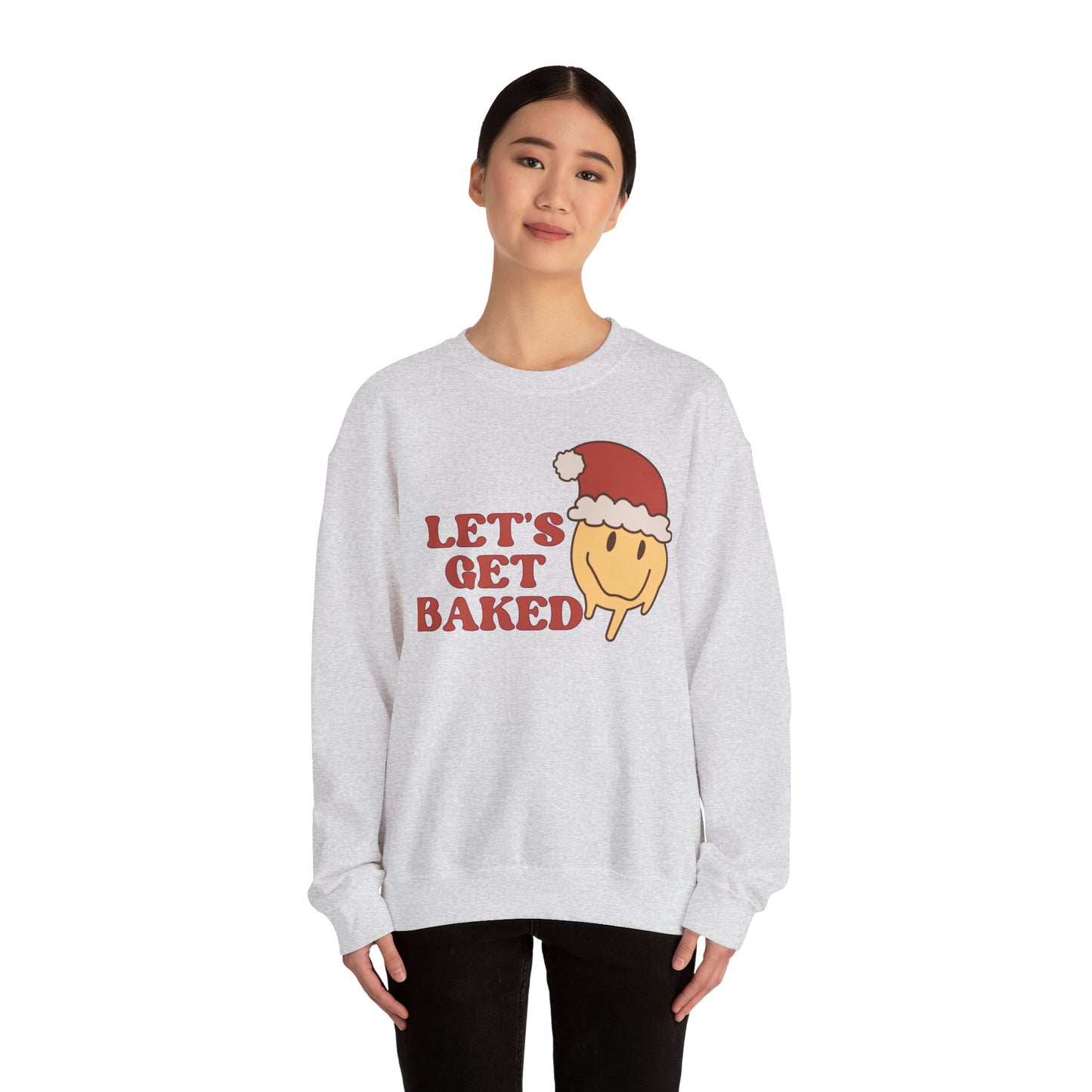 Funny Christmas Sweatshirt 2024 Let’s Get Baked Retro Santa Smiley