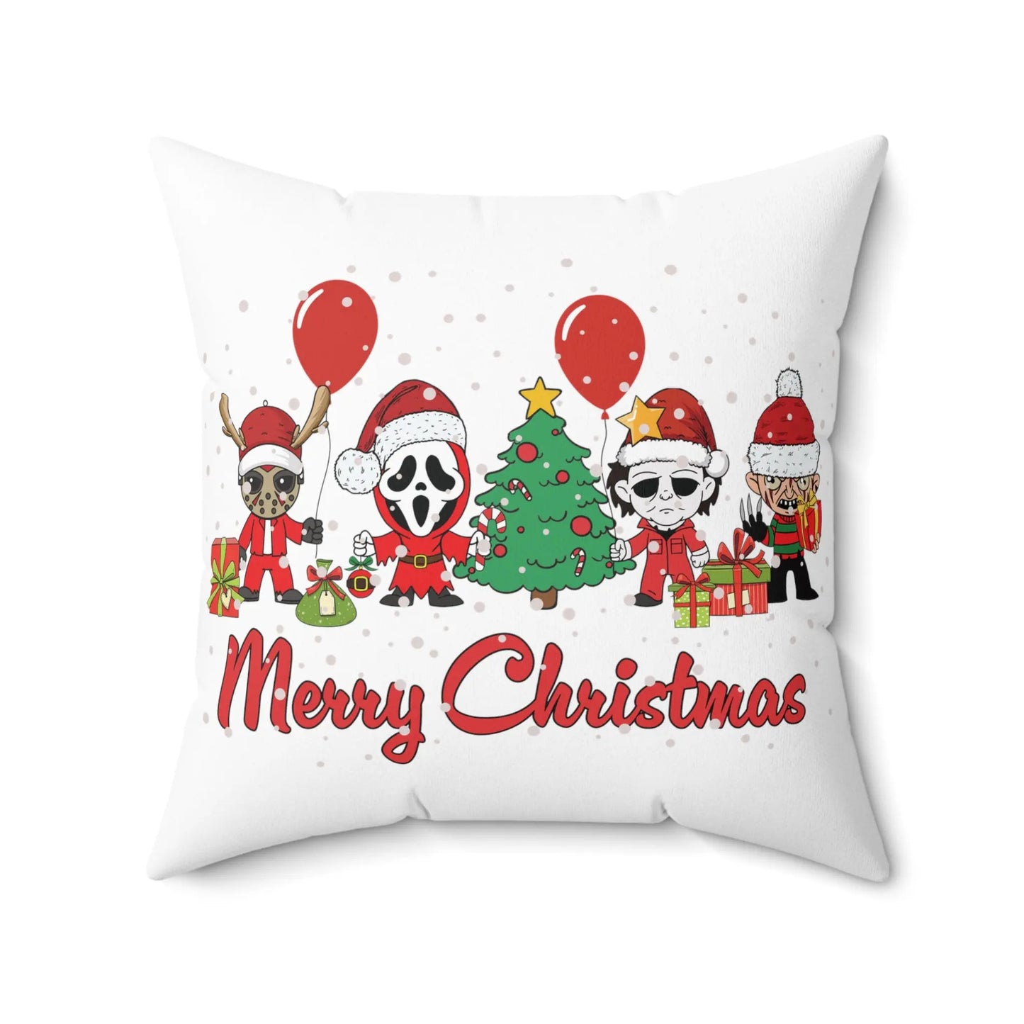Ghost Face, Michael Myers, Jason Voorhees, and Freddy Krueger Christmas Throw Pillow Printify