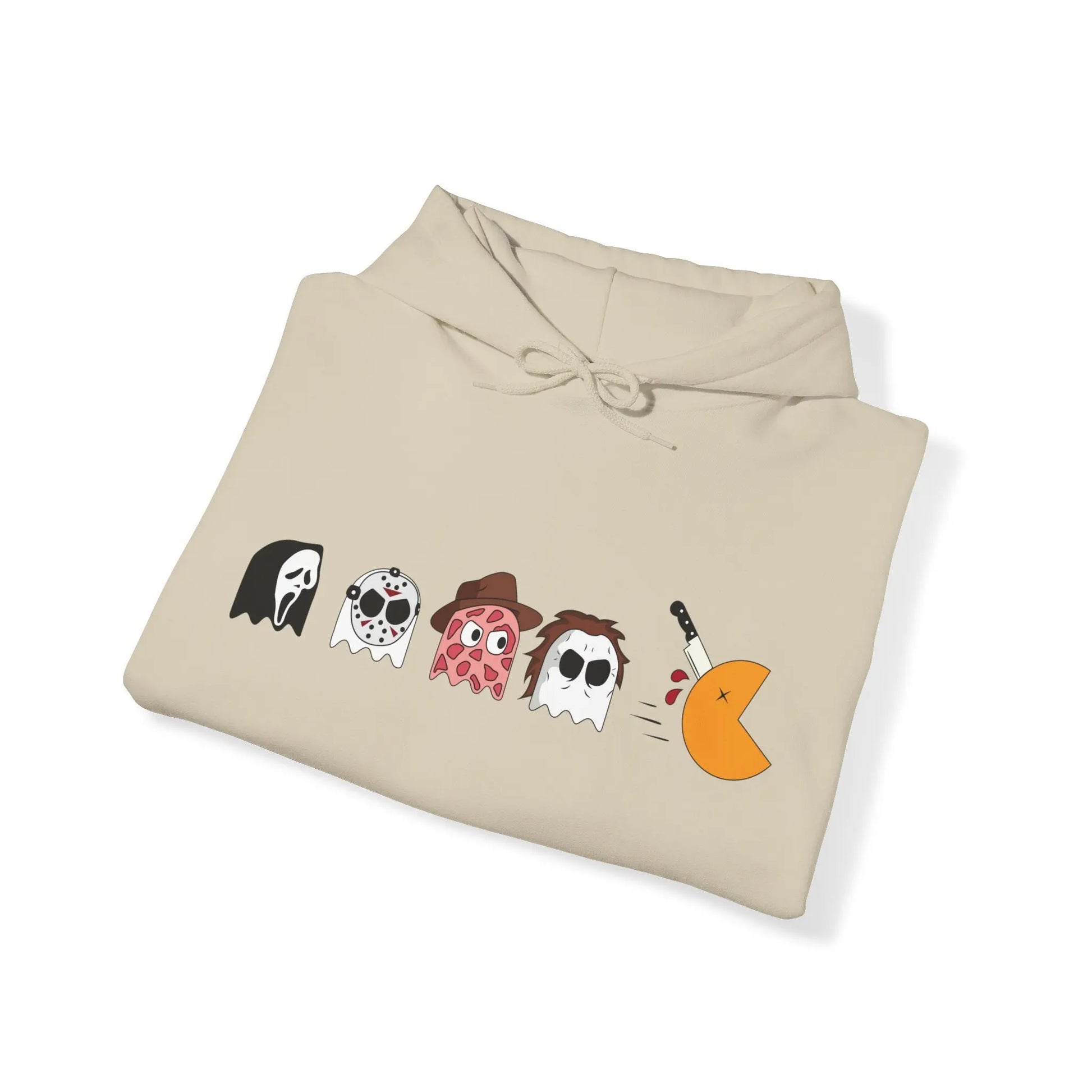 Pac-Man Meets Halloween Horror - Spooky Hooded Sweatshirt with Scream, Jason, Freddy, and Michael Halloween Hoodie Printify