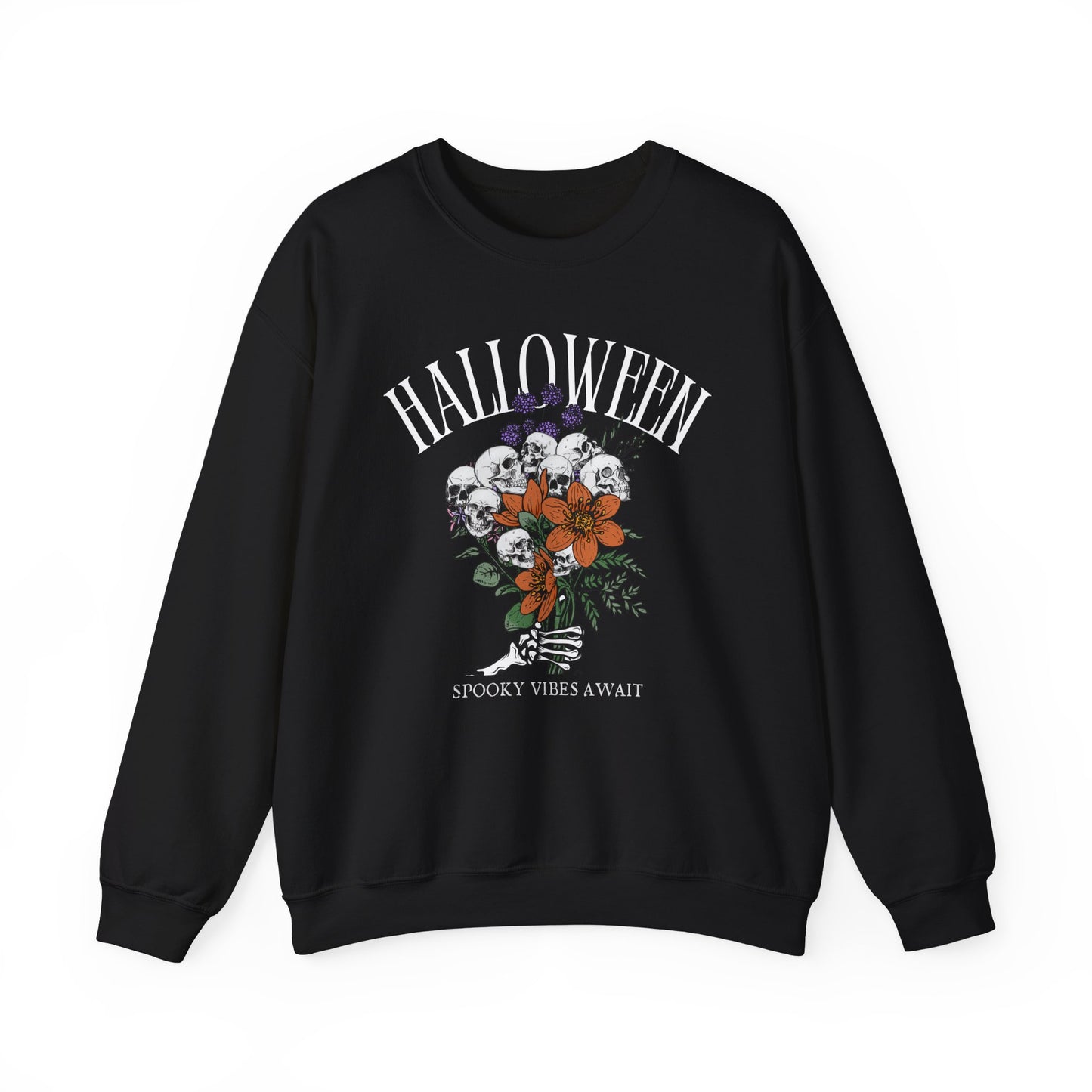 Halloween 2024 Spooky Season Boho Spooky Vibes Await Skeleton Skulls and Flowers Crewneck Sweatshirt Fall Autumn