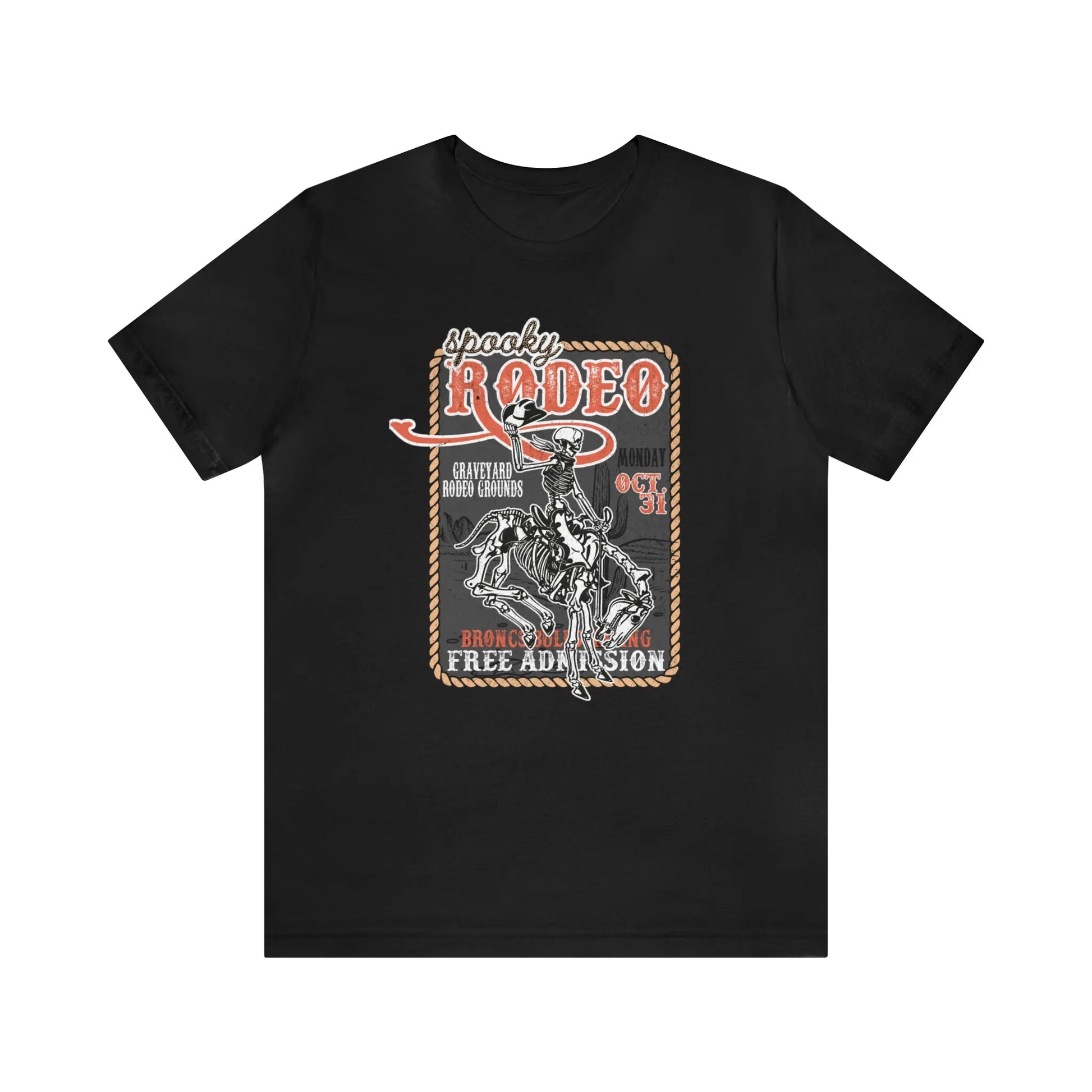 Vintage Halloween Rodeo Poster T shirt Western Spooky Skeleton Short Sleeve Tee Printify