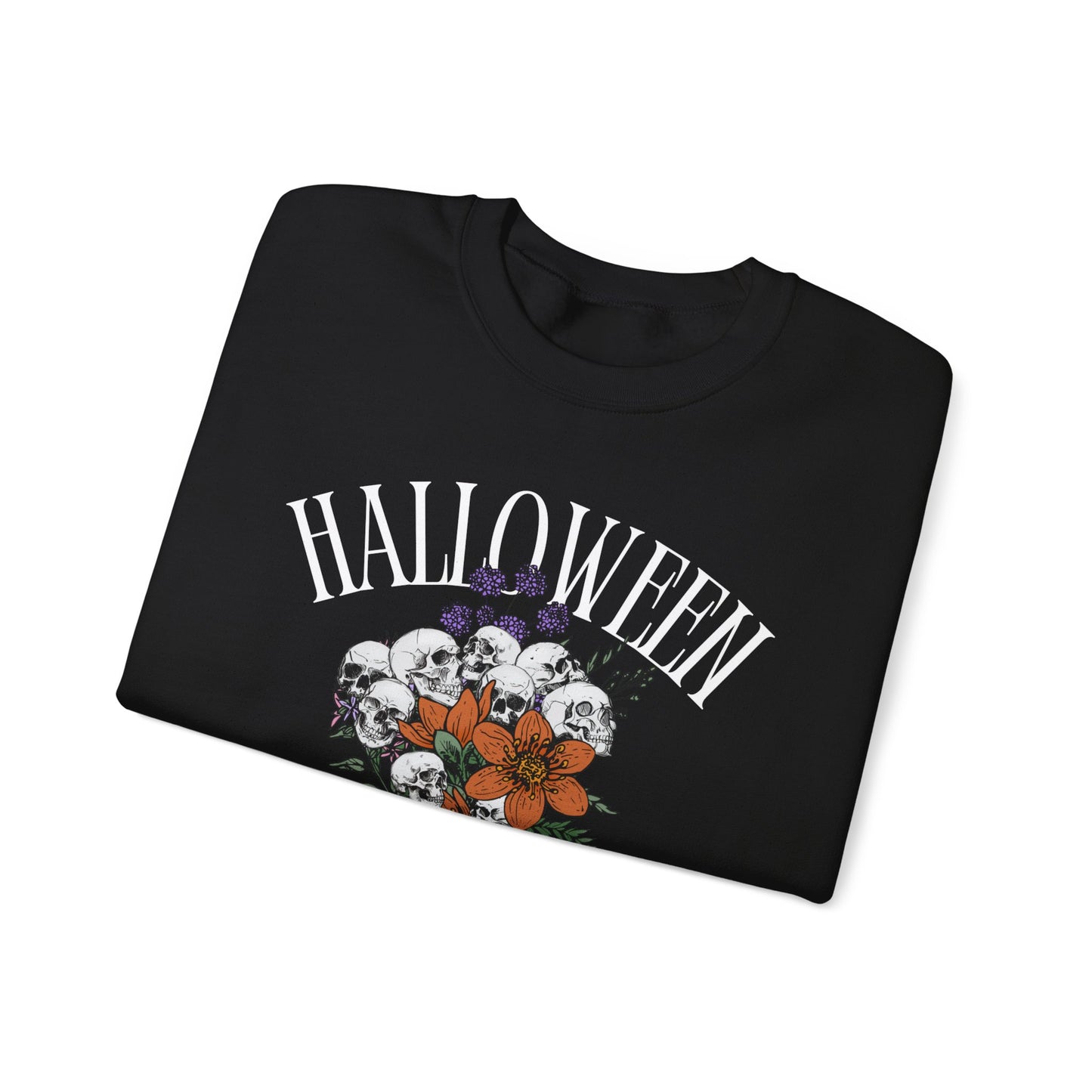 Halloween 2024 Spooky Season Boho Spooky Vibes Await Skeleton Skulls and Flowers Crewneck Sweatshirt Fall Autumn