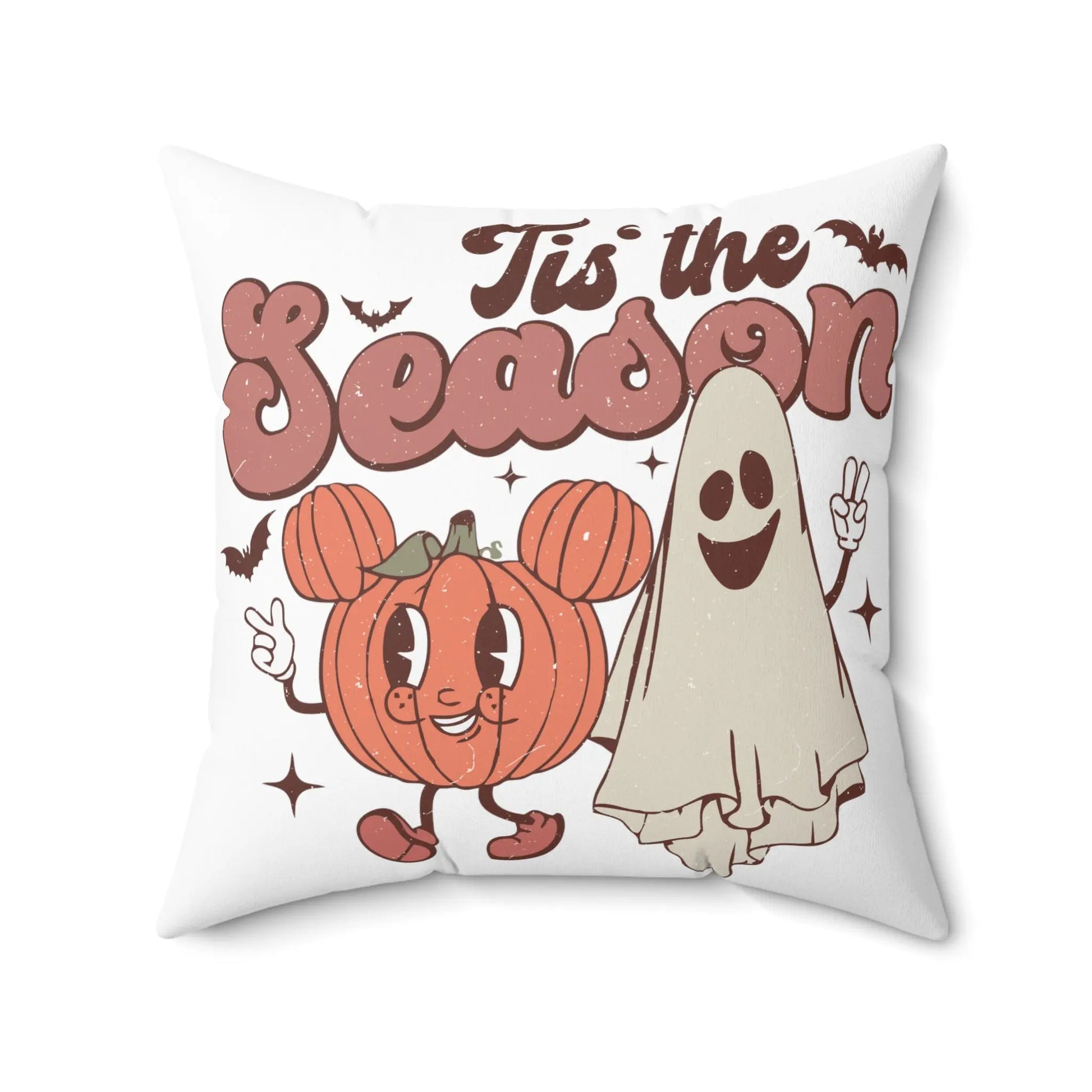 Cute Retro 'Tis the Season' Halloween Throw Pillow - Pumpkin and Ghost - papercraneco