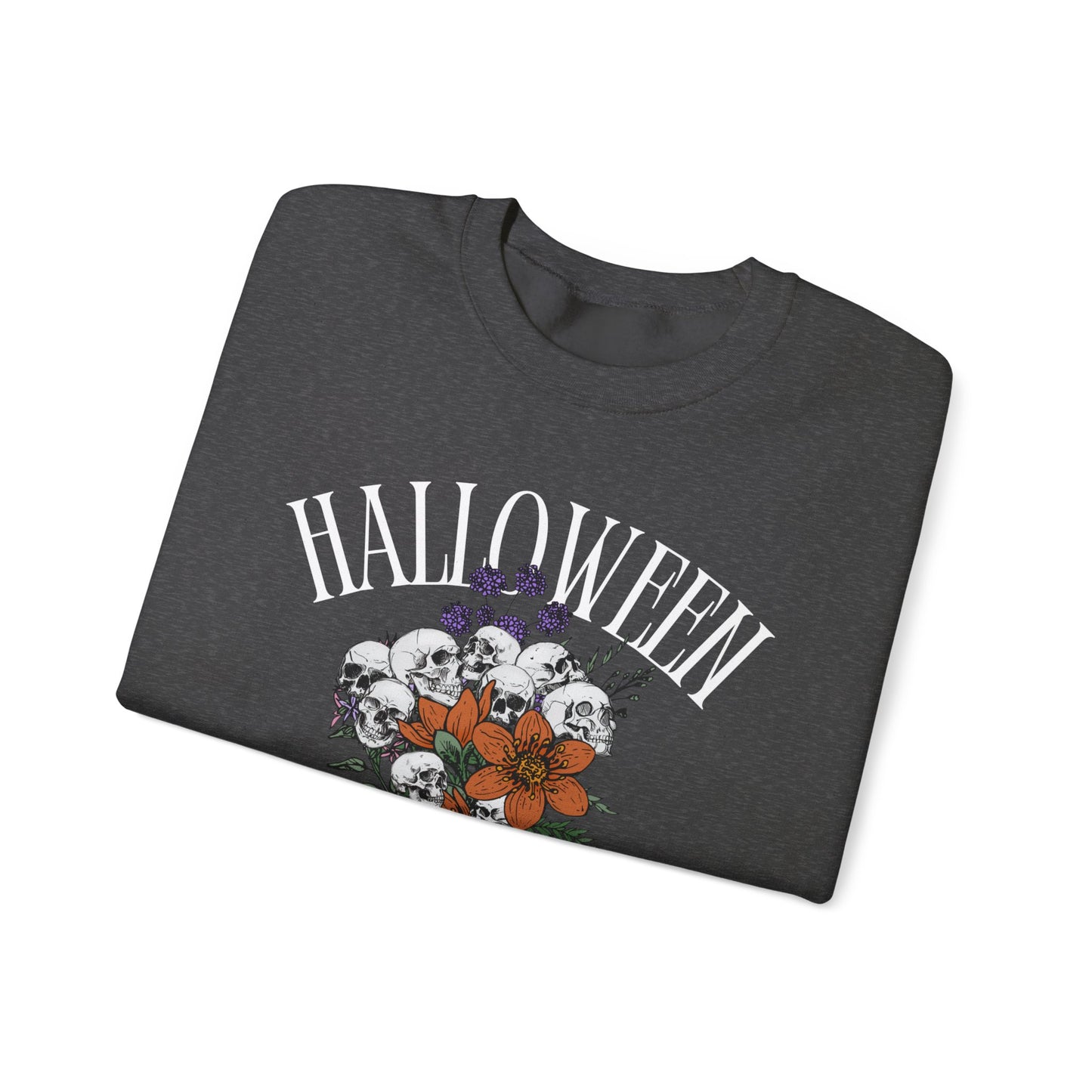 Halloween 2024 Spooky Season Boho Spooky Vibes Await Skeleton Skulls and Flowers Crewneck Sweatshirt Fall Autumn