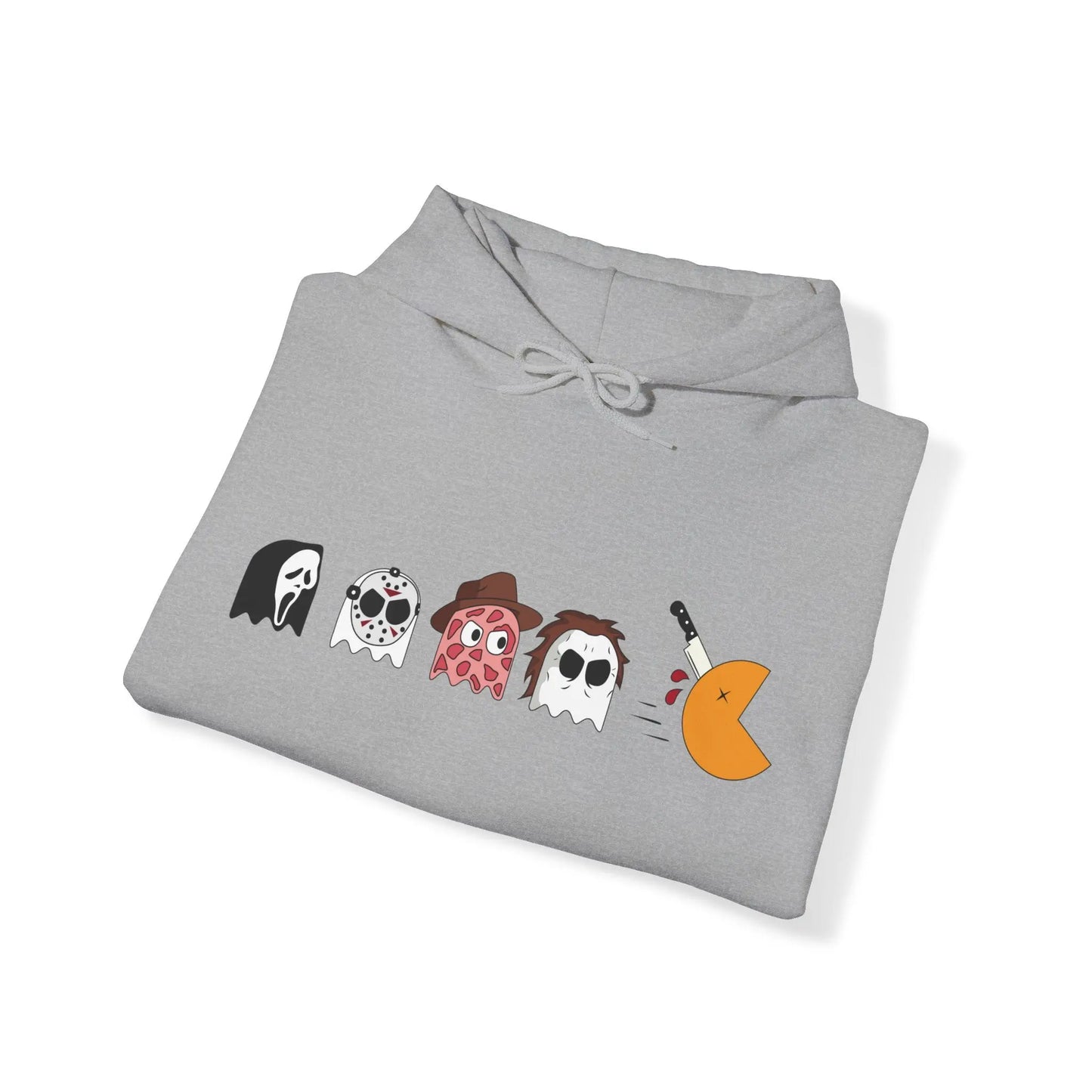 Pac-Man Halloween Horror - Spooky Hooded Sweatshirt Horror Movie Characters Scream, Jason, Freddy, and Michael Halloween Hoodie
