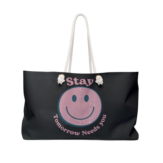 Retro Smiley Suicide Awareness Stay Tomorrow Needs You Summer Beach Pool Bag Weekender Tote in Black and Pink
