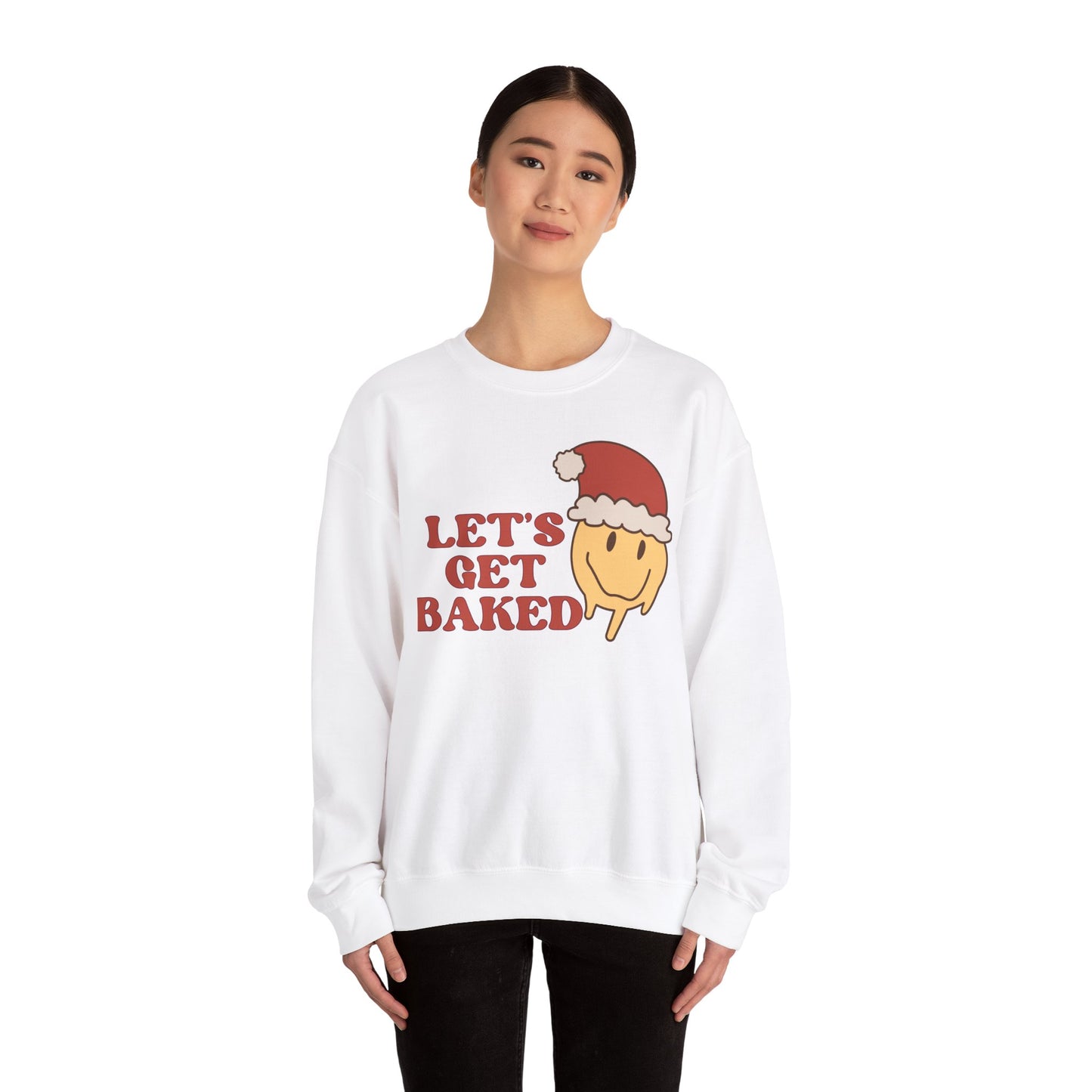 Funny Christmas Sweatshirt 2024 Let’s Get Baked Retro Santa Smiley