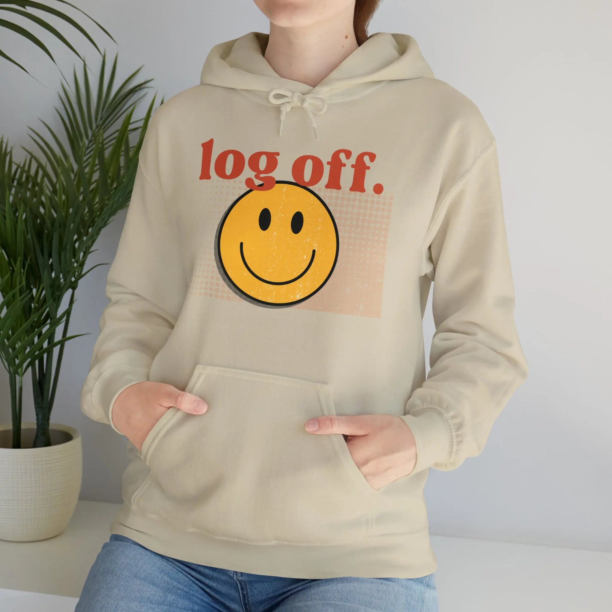 Stay Present with Retro 'Log Off' Smiley Face Sweatshirt Printify