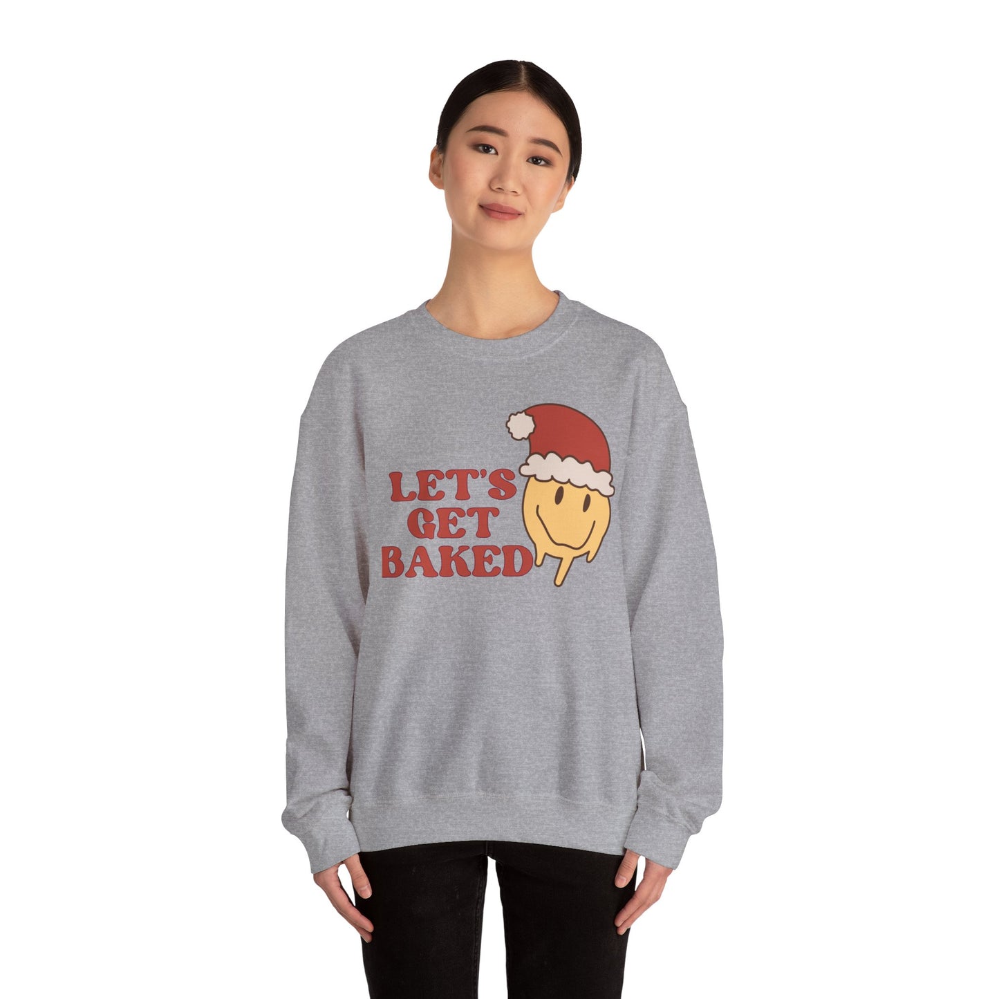 Funny Christmas Sweatshirt 2024 Let’s Get Baked Retro Santa Smiley