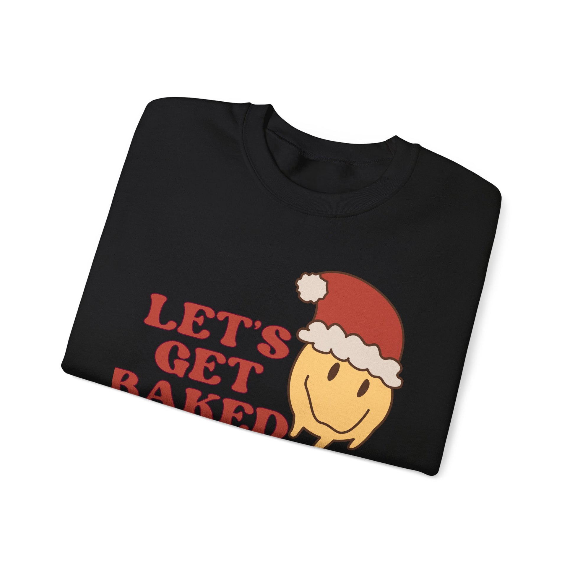 Funny Christmas Sweatshirt 2024 Let’s Get Baked Retro Santa Smiley