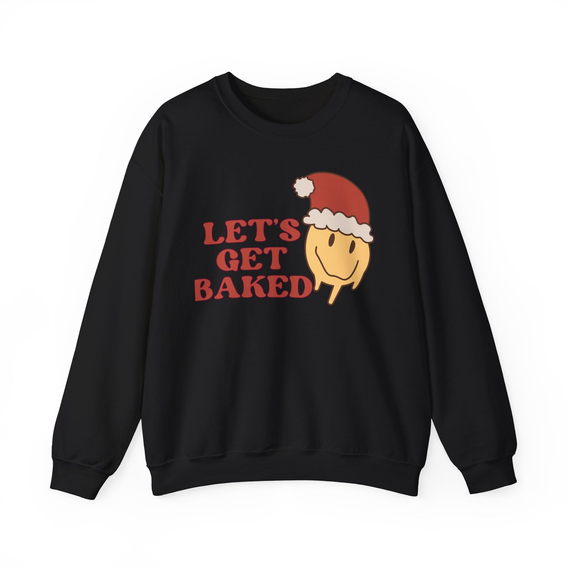 Funny Christmas Sweatshirt 2024 Let’s Get Baked Retro Santa Smiley