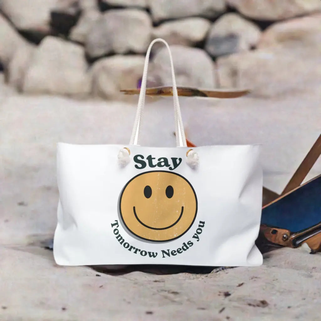 Retro Smiley Suicide Awareness Stay Tomorrow Needs You Summer Beach Bag 2024 Trends Printify