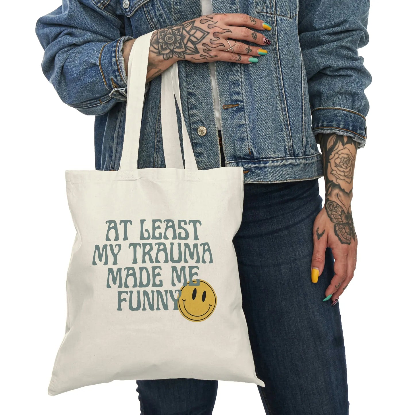 Retro Smiley Face At Least my Trauma Made Me Funny Natural Tote Bag - papercraneco